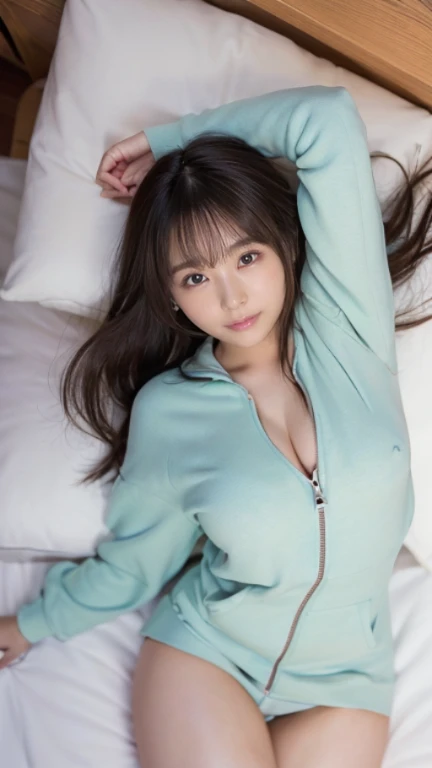 sleep1人の女の子(Very detailed image quality)極realistic skin texture、extremely detailed face(butt length hair、very long curly hair、Beautiful moist and manageable hair、smooth hair)((bright smile))、stare(sexyな15歳の女の子、small face、extremely beautiful face、natural makeup)(fair skin)(Glitter eyes)smooth skin、realistic skin texture ((interior old western building、Old floors、Bedroom、Are sleeping))(((mint green sweatshirt dress、Diagonal zip from shoulder to waist、zip down、大胆に見えるbeautiful cleavage、Micro Mini Length、sexy、)))((Knee-high socks))((Bed、sleep、Can be seen below the knee))erotic pose、Stand up your legs、Extremely beautiful armpits、round beautiful breasts、beautiful cleavage、thin waist、constriction:1.2、big ass、Movie Writing、reflex board、face light、raise your arms、((((sleep:1))))(((Full body shot from above)))