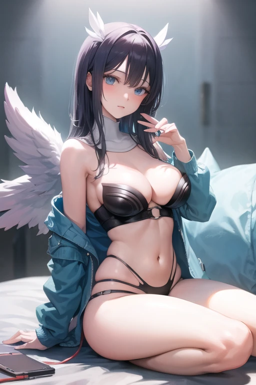 Black hair, blue eyes, sexy, large breasts, beautiful body, bed, angel wings
