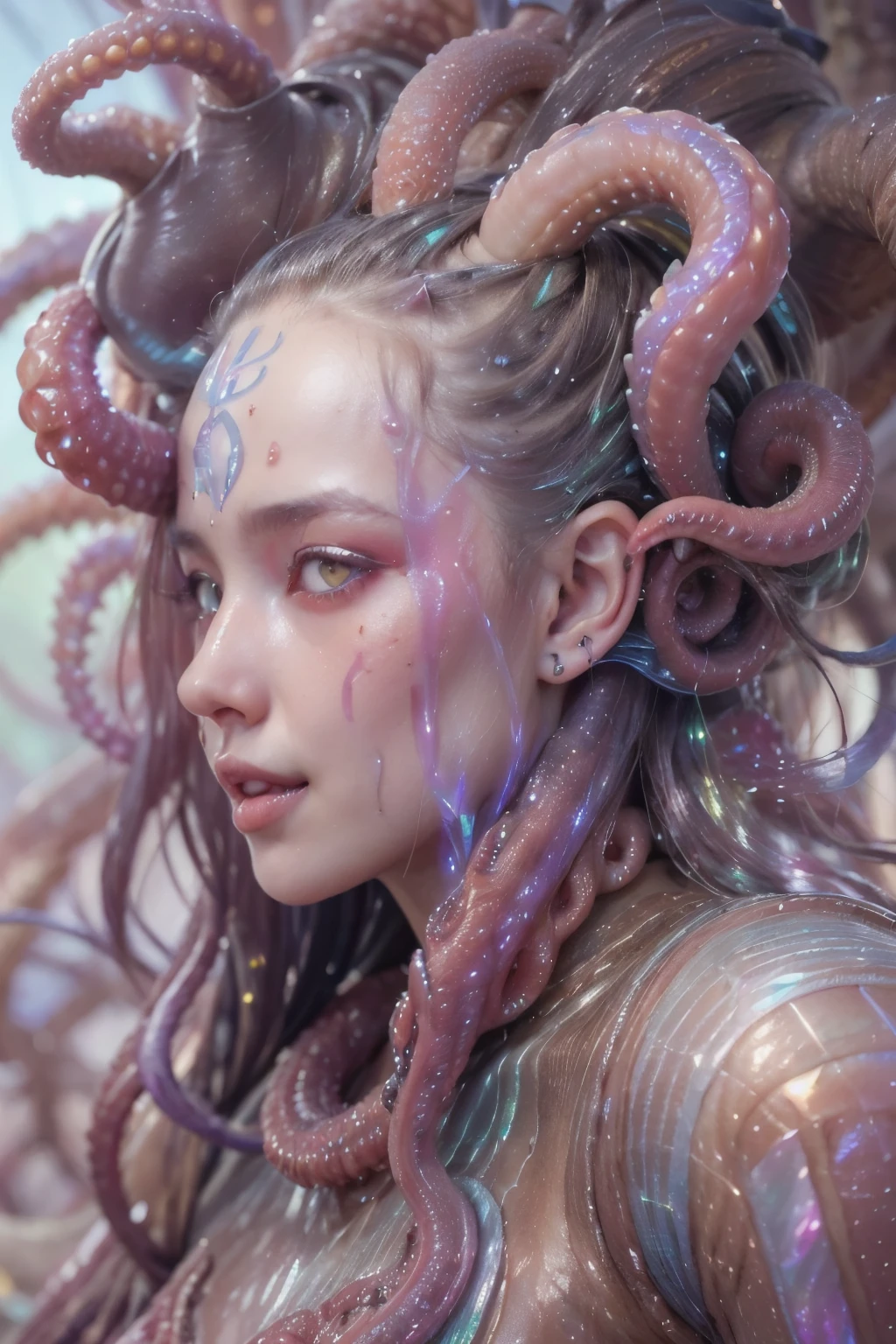 (1 beautiful and obscene female alien:1.4), (There is a female genital-like organ in the middle of her forehead:1.95), SHe has medusa-like hair, (there are lots of translucent tentacles from her head like her hair:1.8), (vulgarity1.7), (she is looking at viewers with glowing red eyes with no pupils:1.8), (She has translucent pale skin:1.7),(She has the most beautiful face in the history of the universe:1.2), (She has multiple bioluminescent organs on the side of her tentacles:1.4), (Her body is covered with an iridescent exoskeleton:1.6), (She is showing her arm pits:1.4), an evil gaze that seduces, (large mouth:1.1), (sharp teeth like a vampire:1.2), Full body portrait, (bio luminescent:1.5), (Smile wickedly:1.3), (sexypose:1.5), alien, No humans, cells are fused, extraterrestrial, cell, bio image, masterpiece, ultra high resolution, (photos realistic:1.7), scary and sexy detailed art in color, best quality, 8K,In 4K_quality, High freshness, Dramatic Lighting, cinematic quality, (exquisite details:1.2), High freshness, drawing faithfully, (Thick eyebrows:1.2), Beautiful eyes with fine symmetry,(Highly detailed face and eyes:1.2),(Super detailed skin quality feeling:1.4), perfect anatomy, (Beautiful toned body:1.5), (Moist skin:1.2), not wearing makeup, (dark circles:1.1), long canines, cinematic drawing of characters, cinematic quality, (exquisite details:1.2), high resolution, High freshness, drawing faithfully, official art, Unity 8K Wall paper, ultra detailed artistic photography, midnight aura, unreal engine 5, Ultra Sharp Focus, art by Amano Yoshitaka, ArtGerm, Roisch, intricate artwork,ultra realistic realism, dream-like, Creation of fantasy, dream Snail, (biopunk nautilus:1.3),Thrilling color schemes, seductively smiling, Amazing mutation, well-proportioned body, goddess of the deep sea, fractal, Geometric pattern, impossible figures,(asymmetry:1.4), (white tentacles with blue stripes:1.4), subtle emerald green accents, (expression of ecstasy:1.6)