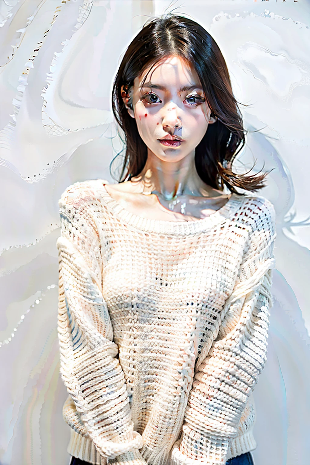 1 girl,sweater,white background,