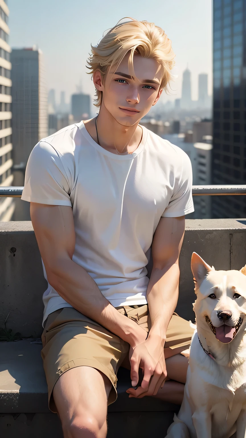 ((best quality)), ((masterpiece)), (detailed), perfect face, blond hair, Man1, Bundled hair, 18 years old, amazing, a little smile, Wearing a white t-shirt, sit with dog, city background, 