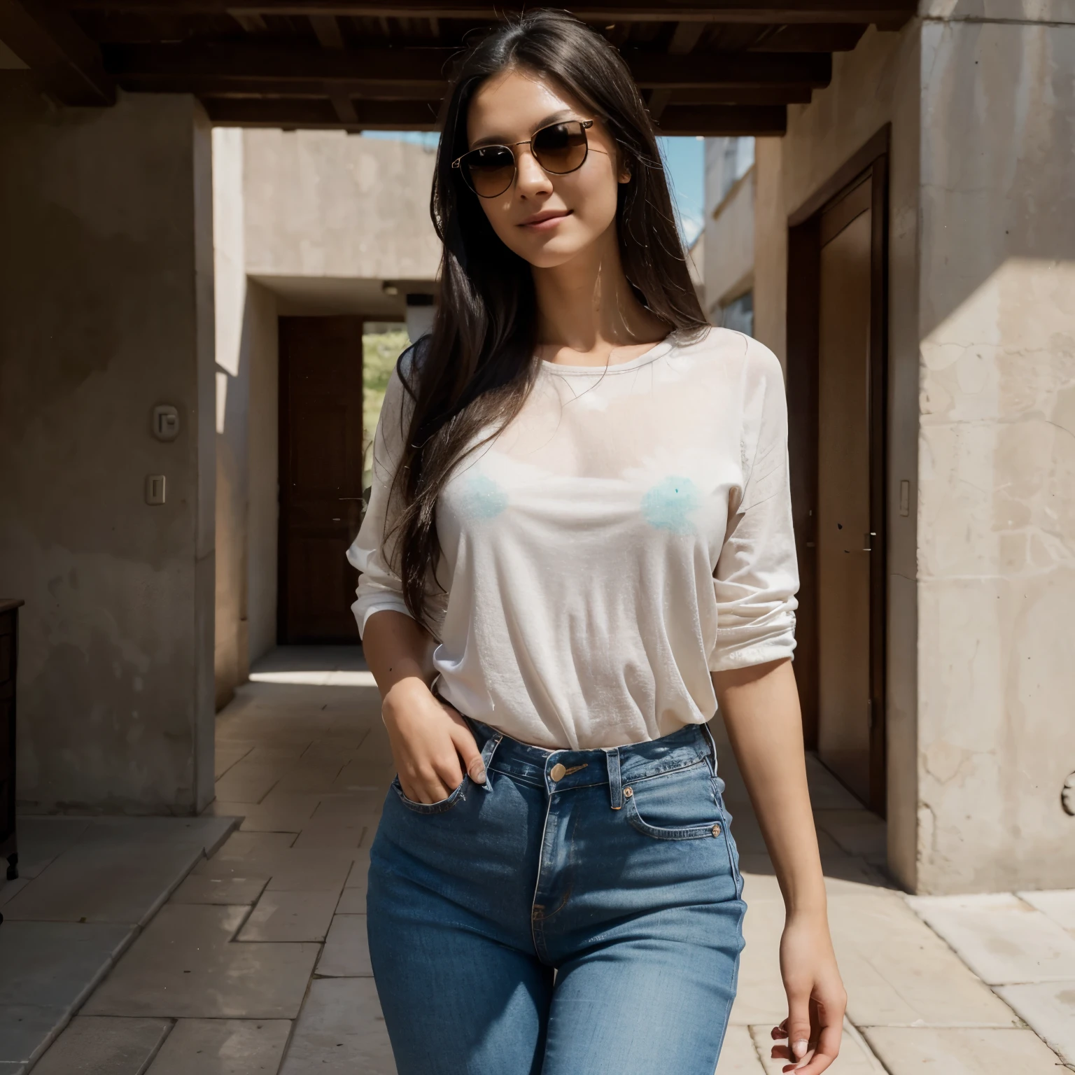 One woman of about 20 years old, black long hair, body measurement 36-25-36, height 5'7", medium breasts, Hazel eyes, wearing sunglasses, wearing jeans and colourful shirt,happy face, Full Body full height Shooting, Masterpiece, mobile Photography, daylight, 8k, Top Quality, Fine Pore, Photorealistic, Ultra Detailed, (high skin detail:1.2),Extremely detailed,Intricate, sharp-focus, candid capture