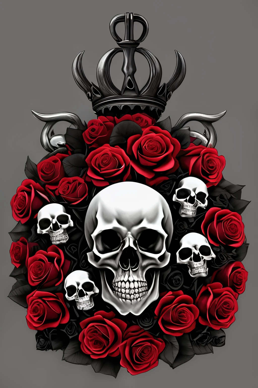 skulls and roses are arranged in a circle on a gray background, skull made of red roses, skulls, skull bones flowers, skulls around, scary detailed art in color, morphing skulls, skulls and skeletons, background artwork, skulls and bones, sacred skulls, close up guns and roses, with a crown of skulls, skull faces, adorned with demon skulls