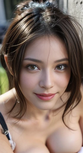 masterpiece, Best Quality, Ultra-detailed, finely detail, high resolution, Perfect dynamic composition, Beautiful detailed eyes, ((Best quality, 8k, whole body, Masterpiece :1.3)), Sharp focus :1.2, A gorgeous woman with perfect figure :1.4, Slender abs :1.2, ((Dark brown hair, E-cup of breasts :1.4)), City street:1.2, Highly detailed face and skin texture, Detailed eyes, Double eyelid, white skin, enhanced tits tufts, (A hyper-realistic), (highly detailed), A smile, beautiful girl, natural breasts, soft areolas, Puffy areolas, puffy nipples, detailed areolas, detailed nipples, light colored areolas, light colored nipples, full body, sexy pose, topless, naked