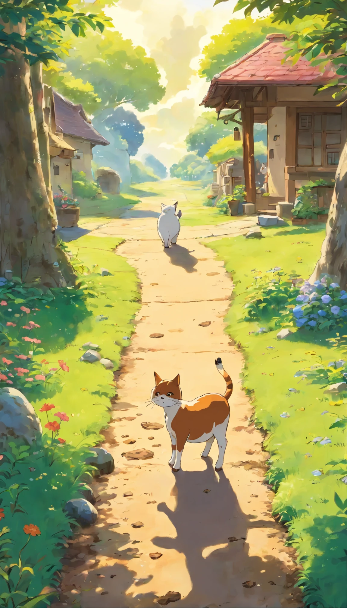 cow's poop on the ground, one cat passing by