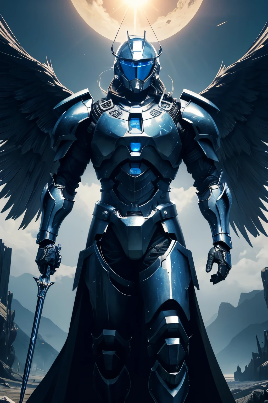 (Masterpiece, best quality:1.2),Anime knight,long wings, halo, sun, celestial knight,commanding the power of reality,black armour,blue outlines, wearing a cape, mechanical armour, mechanical marvel,highest quality digital art, Stunning art, wallpaper 4k,8k,64k, HD, unparalleled masterpiece, dynamic lighting, cinematic, epic