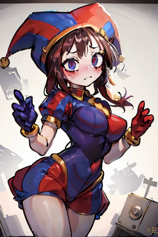 illustration, UHD, retina, masterpiece, precise, anatomically correct, Super details, high detail, high quality, Award-winning, best quality, high resolution, good anatomy, 1080P, HD, 4K, 8k, 16k, 1 girl, dynamic poses, androgynous, delicate eyes, Detailed clothes, Detailed hair, rendering, strands of hair, cute waifu, blush, squinting, Jester cap, Gloves, Red and blue eyes, striped, Bare thighs, Side chest window,,Awkward,frown,frown,blush,blush,Very desperate,The squirt flows from the skirt to the ground,Urine on the legs,trembling all over,(girl is peeing self:0.4)