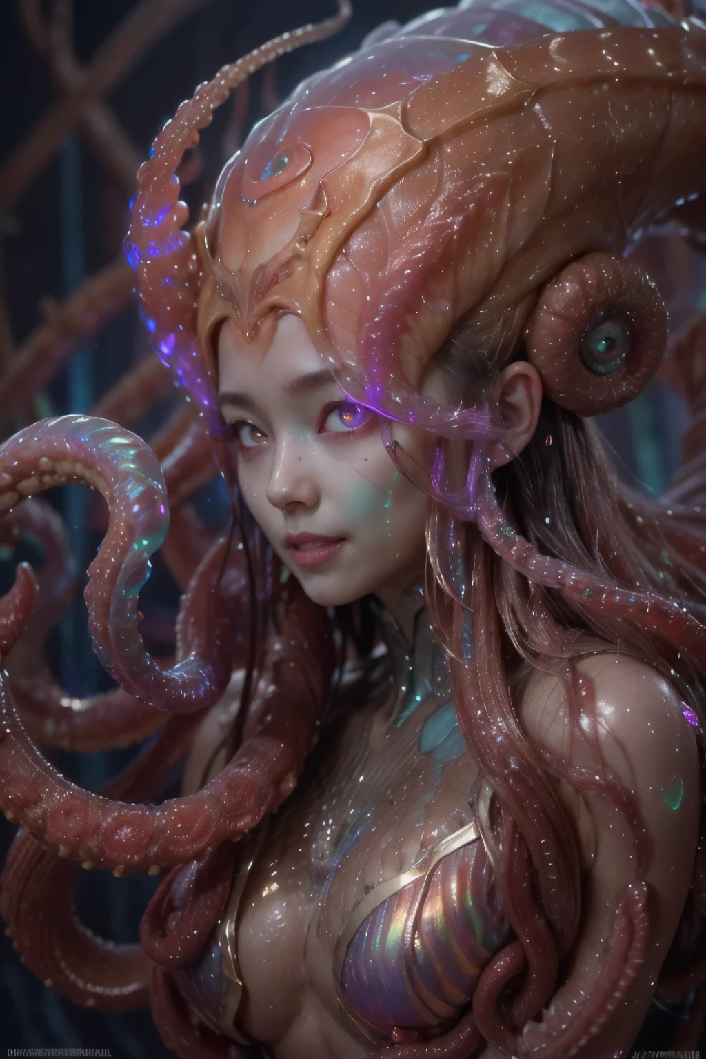 (1 beautiful and obscene female alien:1.4), (There is a female genital-like organ in the middle of her forehead:1.95), SHe has medusa-like hair, (there are lots of translucent tentacles from her head like her hair:1.8), (vulgarity1.7), (she is looking at viewers with glowing red eyes with no pupils:1.8), (She has translucent pale skin:1.7),(She has the most beautiful face in the history of the universe:1.2), (She has multiple bioluminescent organs on the side of her tentacles:1.4), (Her body is covered with an iridescent exoskeleton:1.6), (She is showing her arm pits:1.4), an evil gaze that seduces, (large mouth:1.1), (sharp teeth like a vampire:1.2), Full body portrait, (bio luminescent:1.5), (Smile wickedly:1.3), (sexypose:1.5), alien, No humans, cells are fused, extraterrestrial, cell, bio image, masterpiece, ultra high resolution, (photos realistic:1.7), scary and sexy detailed art in color, best quality, 8K,In 4K_quality, High freshness, Dramatic Lighting, cinematic quality, (exquisite details:1.2), High freshness, drawing faithfully, (Thick eyebrows:1.2), Beautiful eyes with fine symmetry,(Highly detailed face and eyes:1.2),(Super detailed skin quality feeling:1.4), perfect anatomy, (Beautiful toned body:1.5), (Moist skin:1.2), not wearing makeup, (dark circles:1.1), long canines, cinematic drawing of characters, cinematic quality, (exquisite details:1.2), high resolution, High freshness, drawing faithfully, official art, Unity 8K Wall paper, ultra detailed artistic photography, midnight aura, unreal engine 5, Ultra Sharp Focus, art by Amano Yoshitaka, ArtGerm, Roisch, intricate artwork,ultra realistic realism, dream-like, Creation of fantasy, dream Snail, (biopunk nautilus:1.3),Thrilling color schemes, seductively smiling, Amazing mutation, well-proportioned body, goddess of the deep sea, fractal, Geometric pattern, impossible figures,(asymmetry:1.4), (white tentacles with blue stripes:1.4), subtle emerald green accents, (expression of ecstasy:1.6)