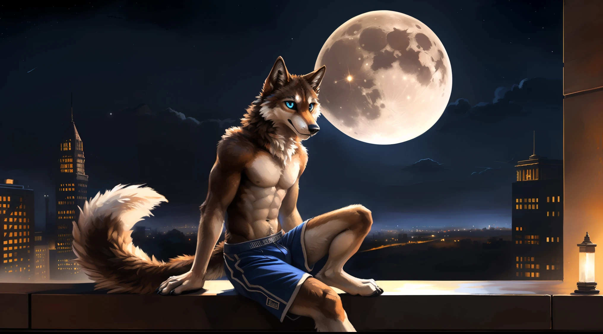 ((Solo)), male people, anthro wolf, (Multi-colored fur, White-brown:1.3), ((Wolf face, Big eyes, White eyelids, Blue pupil, Slim:1.2) (Tough, Calm expression:1.2)), (Height 2.1 meters,Tail length 1.5m), Abs, Slim, pinging, (Correct anatomy), (Work shorts:1.1), (Contour bone:1.2), The upper body is naked, (detailed outfits), a long large tail，Feet，(Realistic fur, Detailed fur texture, labeled:1.3)), (Natural lighting), Photorealistic, Hyperrealistic, ultradetailed, by Kenket，In the modern city，Roof，the night，Sit alone，Look at the full moon，It was dark，Starry