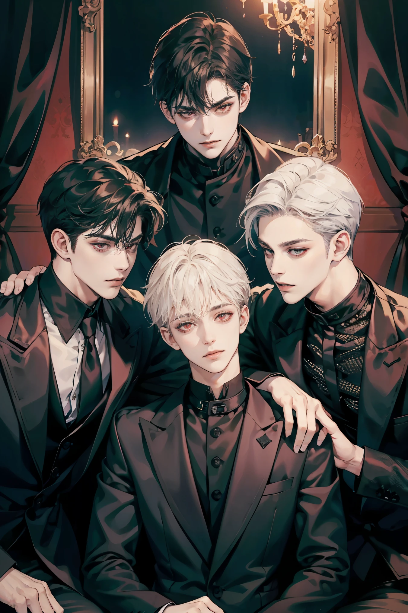 Friends, 3 boys, brothers, Goth clothing, goth style living room, vampire, sit together, different hair color, red eyes, side by side, upper body
