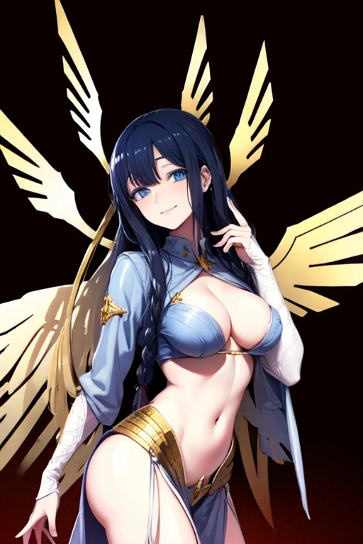 Black hair, blue eyes, sexy, large breasts, beautiful body, bed, angel wings, smile