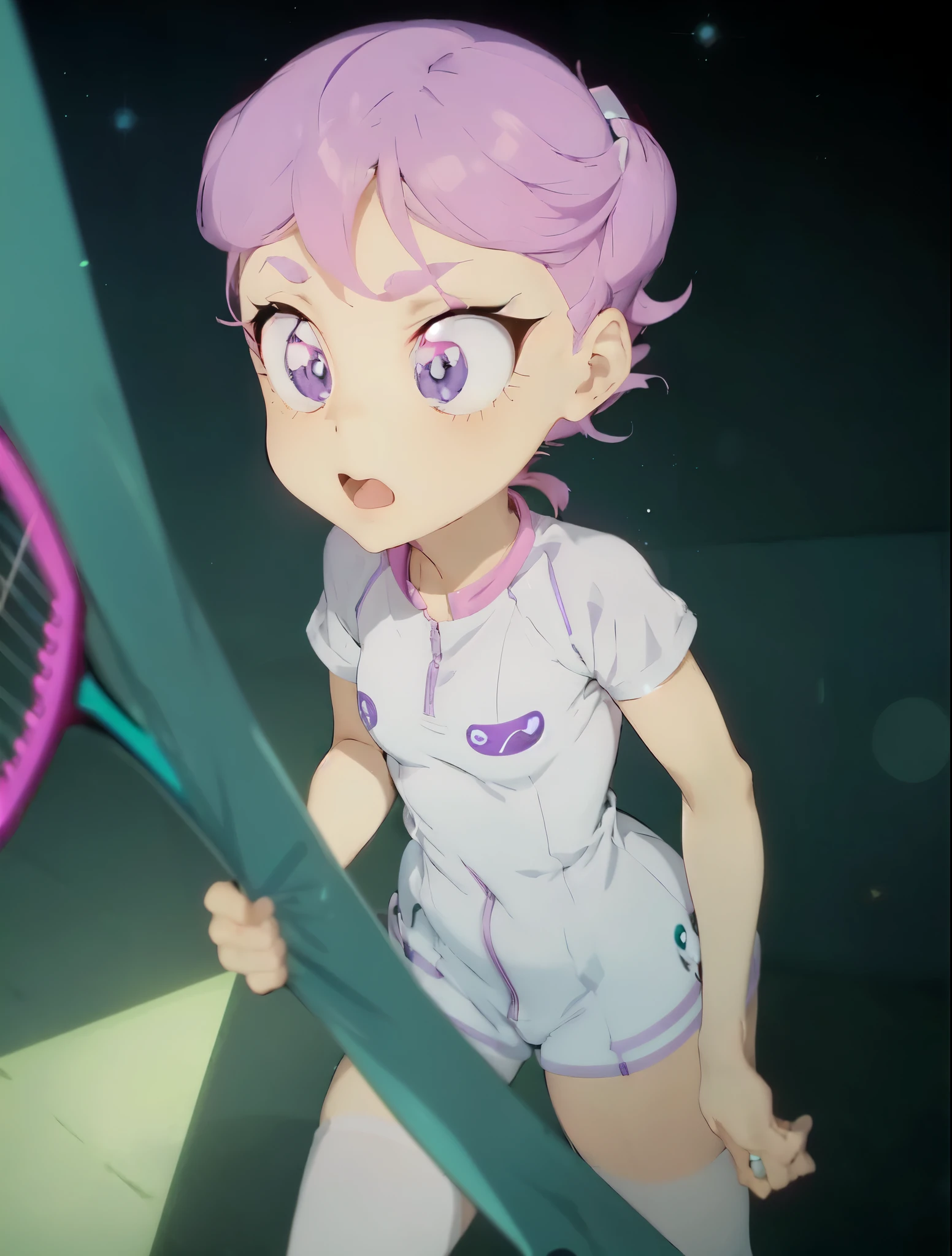 there is a cartoon girl with pink hair holding a tennis racket, in a space cadet outfit, fim still, amy sol in the style of, safebooru anime image, gadget hackwrench, cutie mark, cartoon still, she has purple hair, animated episode still, animation still screencap, movie still of the alien girl, animated still, but a stern look about her