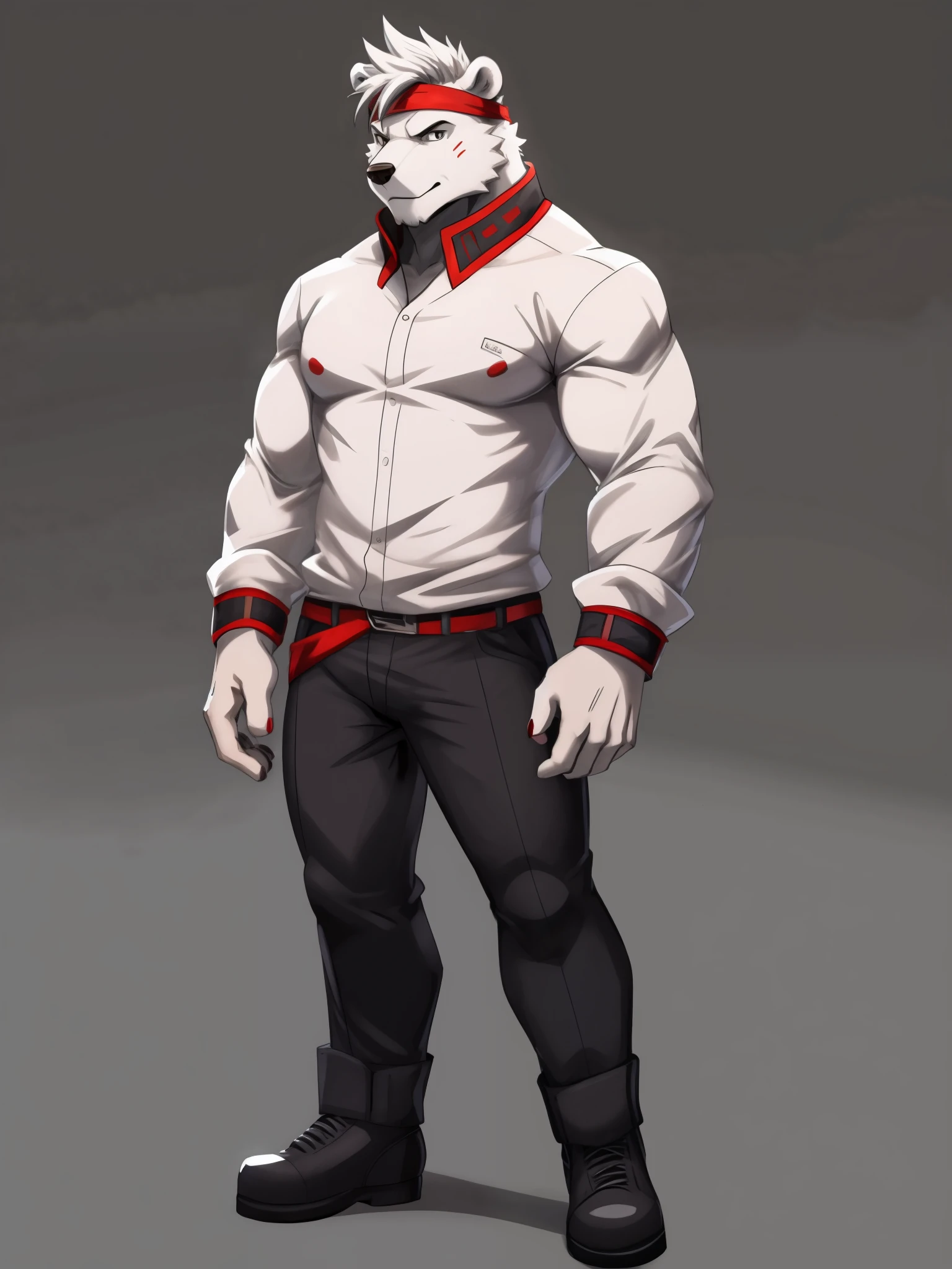 polar bear, muscular, intimidating, big body, male, solo focus, full body, feet, legs, hair, standing, character sheet, short spiky hair, red headband, white t-shirt, reference sheet, by_himasora, by_gato_matero, fully clothed, jacket, facing player, flat colored