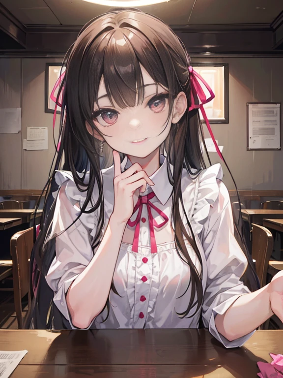 table top, highest quality, (perfect face:1.1), (high detail:1.1), (very detailed目), dramatic, Punk clothes, Ultra-fine illustration, very detailed, 1 girl, (white skin), soft expression, hanging eyes, (thin eyebrows), {((smile))}, alone, long hair, light brown hair, plump lips,cinematic lighting, looking at the viewer, cowboy shot, Girly clothes,  ribbon, pink, leaning forward, Put your hand on your chin, tilt one&#39;s face