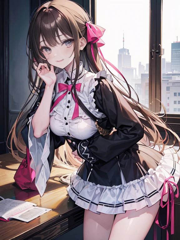 table top, highest quality, (perfect face:1.1), (high detail:1.1), (very detailed目), dramatic, Punk clothes, Ultra-fine illustration, very detailed, 1 girl, (white skin), soft expression, hanging eyes, (thin eyebrows), {((smile))}, alone, long hair, light brown hair, plump lips,cinematic lighting, looking at the viewer, cowboy shot, Girly clothes,  ribbon, pink, leaning forward, Put your hand on your chin, tilt one&#39;s face