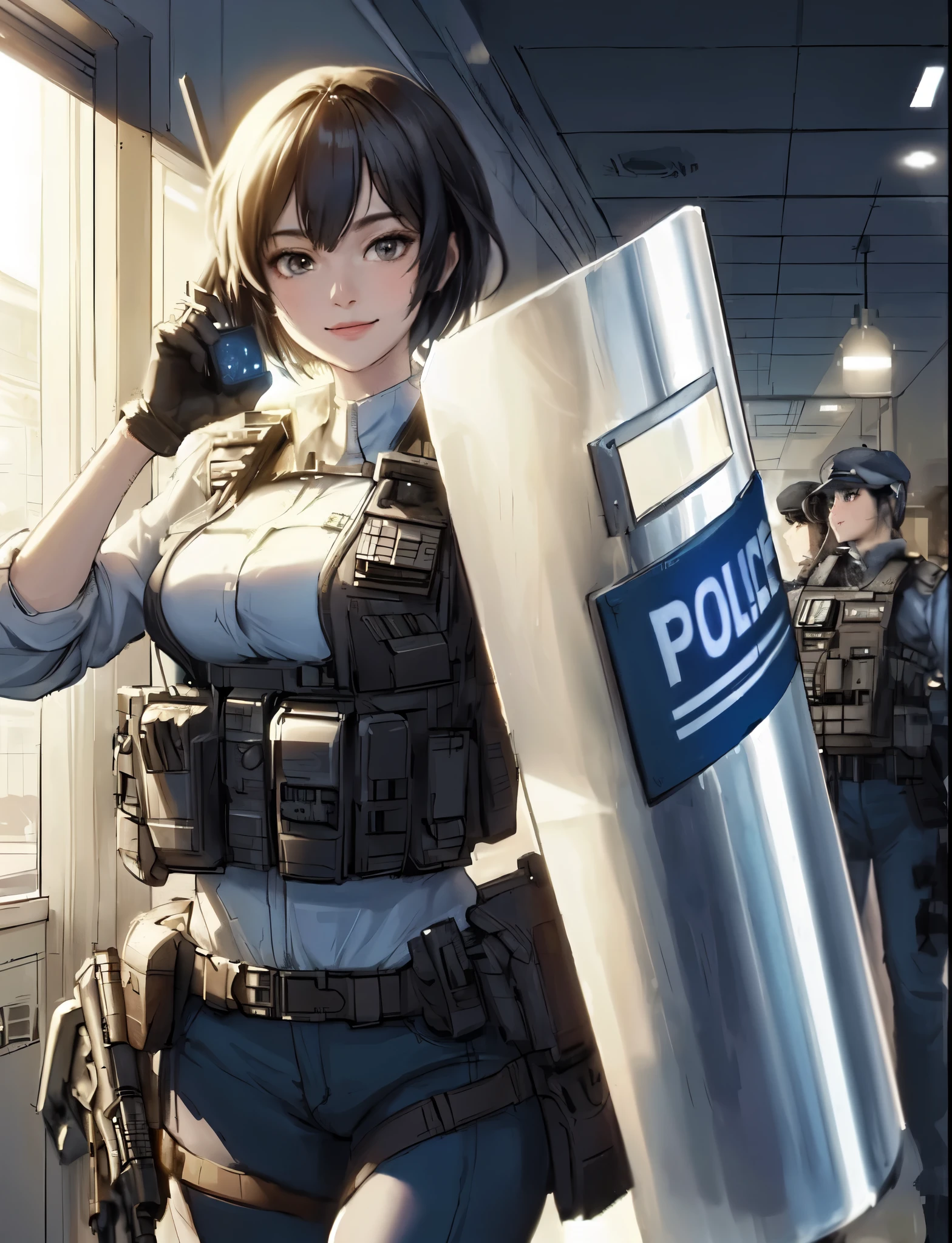 1lady solo, (standing with large shield), (police special forces), mature female, /(black hair/) bangs, (light smile) cool, (masterpiece best quality:1.2) delicate illustration ultra-detailed, large breasts BREAK (holding (large aluminum shield:1.2) in front of her face), (communication device) BREAK (bank indoors), incident taking place, tense atmosphere, police, colleagues, detailed background