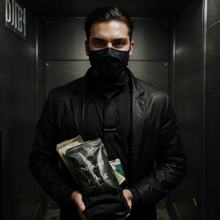 A man wearing a black mask, a black jacket, and a bag in his hand. He fills the bag with money in the middle of a bank vault.