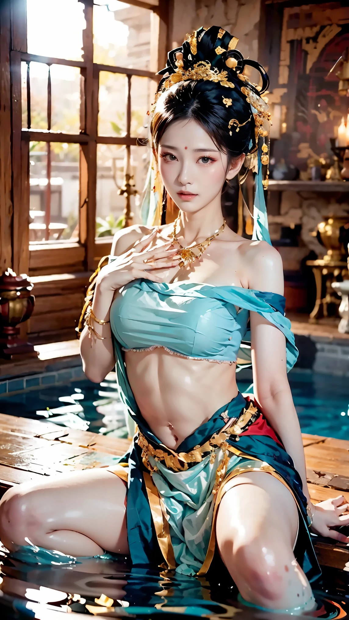 8k,best quality,Work,Very detailed,ultra high definition,feels,beautiful wallpaper,best masterpiece,Tyndall effect,Reality,Highest rendering,extremely beautiful face,ultra high definition晰度,exquisite facial expressions,Detailed description of face,Delicate hair features,look up,hair past shoulders,best quality,extremely high resolution。The heroine sits on the stones in the pool,take off shoulders,clavicle,White bellyband,belly button,Spread your legs apart,Like big characters opening,Revealing the charming Taohuayuan Yuzu model: Character 2, CFG scale: 7, Hire high-end talents: 1.5