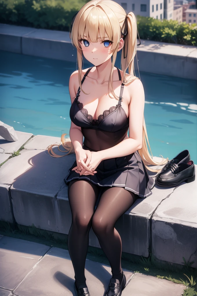 eririspencer, eriri sawamura spencer, blonde hair, blue eyes, blunt bangs, hime cut, long hair, full body, full pose, ((medium BREASTS)), happy face, teeth, Grimace, ((sitting on rock)), ((crossed legs)), BREAK, black skirt, ((black pantyhose)), pleated skirt, ((black lace bra)), skirt, zettai ryouiki, BREAK ((looking at viever), ((school shoes)), BREAK, ((playground background)), BREAK (masterpiece:1.2), best quality, high resolution, unity 8k wallpaper, (illustration:0.8), (beautiful detailed eyes:1.6), extremely detailed face, perfect lighting, extremely detailed CG, (perfect hands, perfect anatomy),