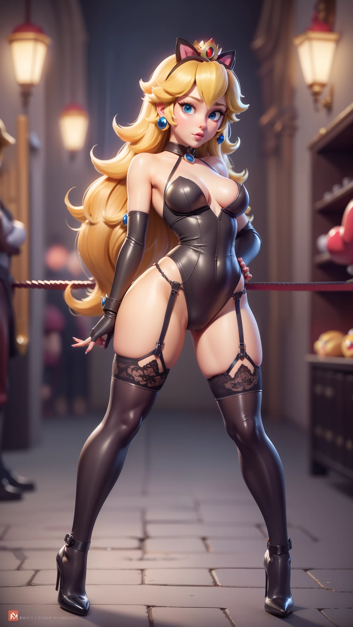 1girl, princess peach, solo, long hair, yellow hair, blue eyes, (sexual vice police, bdsm police uniform, bondage), looking at viewer, (mario street background, crowded, onlookers), closed mouth, ribbon, hair ribbon, small breast, full body, sexy legs in tight boots, stockings, high heels, seductive, lace lingerie, flirting, offering her body, shameless