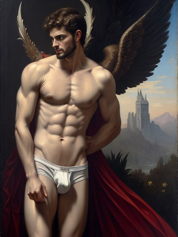 full body, oil Painting, portrait charismatic and ((one masculine cupid)), tall, slim, smooth muscle, ((big bulge, white briefs)), smooth body ruins background, perfect eye chiaroscuro mood, oil painting, classic era, Bouguereau paintings art style, high resolution, high quality, elegant, Soft impressive impasto, perfect composition, perfect face, edge lighting, intricate, oil on canvas, Beautiful details, masterpiece, ominous, matte painting movie poster