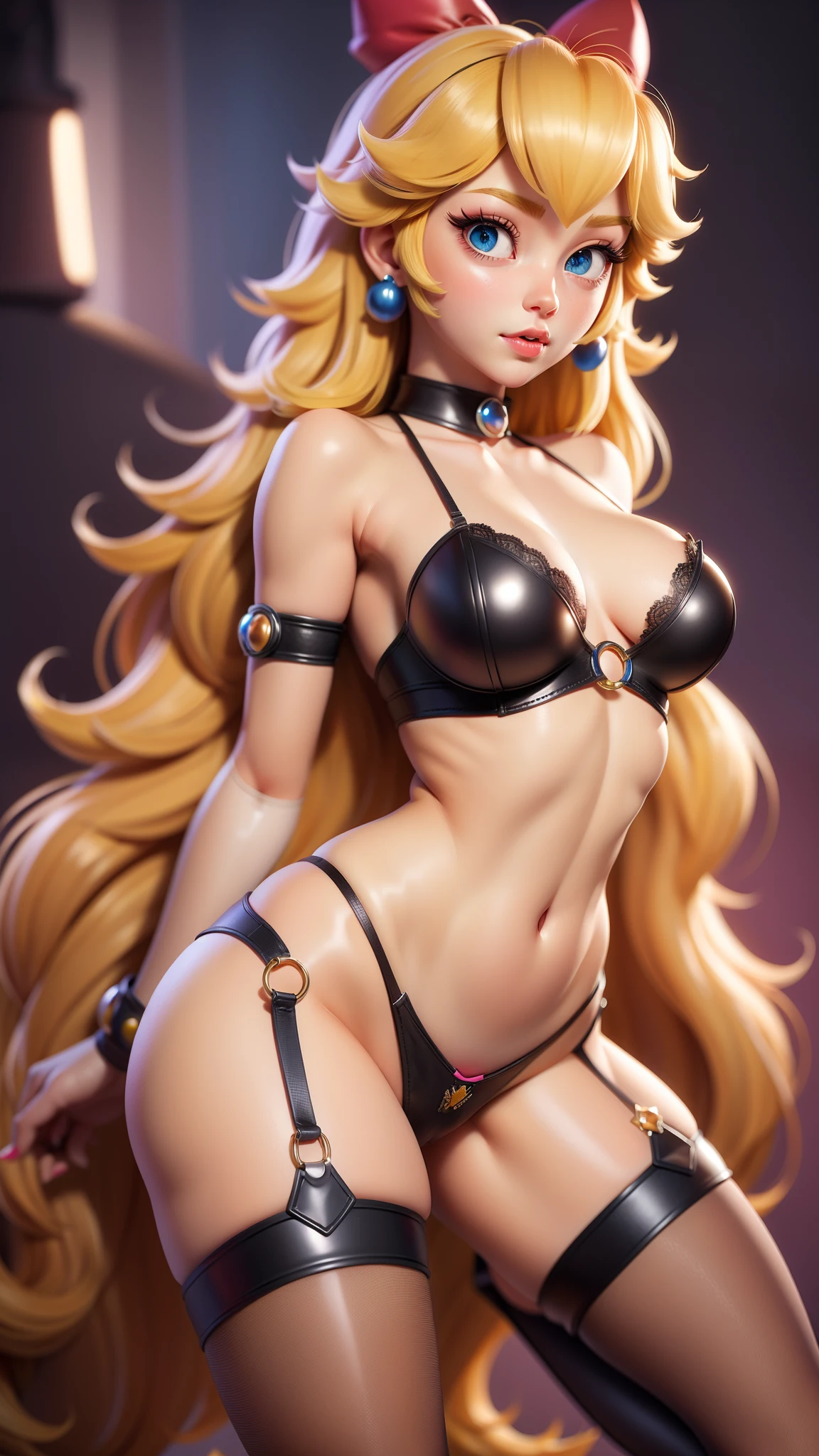 1girl, princess peach, solo, long hair, yellow hair, blue eyes, (sexual vice police, bdsm police uniform, bondage), looking at viewer, (mario street background, crowded, onlookers), closed mouth, ribbon, hair ribbon, small breast, full body, sexy legs in tight boots, stockings, high heels, seductive, lace lingerie, flirting, offering her body, shameless