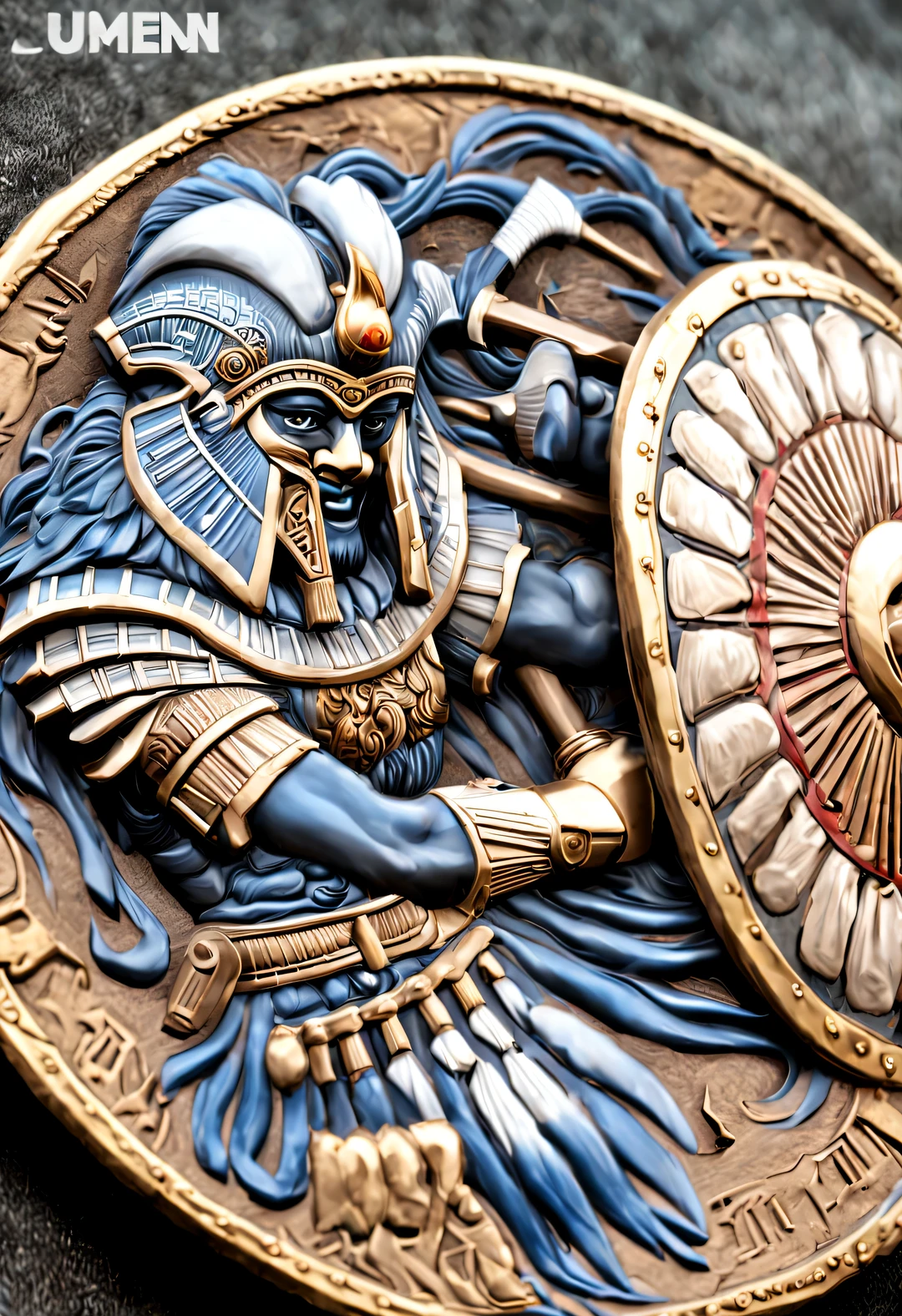 3D rendering(在华丽的纯金国王宝座的Round shield:1.37),(Round shield)(Very clear engraving:1.2),Comes with thick wrist strap,Shang and Zhou shields,Mostly used in vehicle combat and infantry combat,(gold)shaped like a rectangle,The front has a bronze shield and a lion' facing,Is a fierce and terrible enemy。(background:全息gold华丽宝座),side angle,photography,close-up photo,,Beadwork,sculpture,Egyptian painted pottery,Laurent Baheux,Strong atmosphere,Unreal Engine,octane rendering,V-Ray,UE4,high detail,super high quality,high resolution,Surrealism,Surrealism,16K,