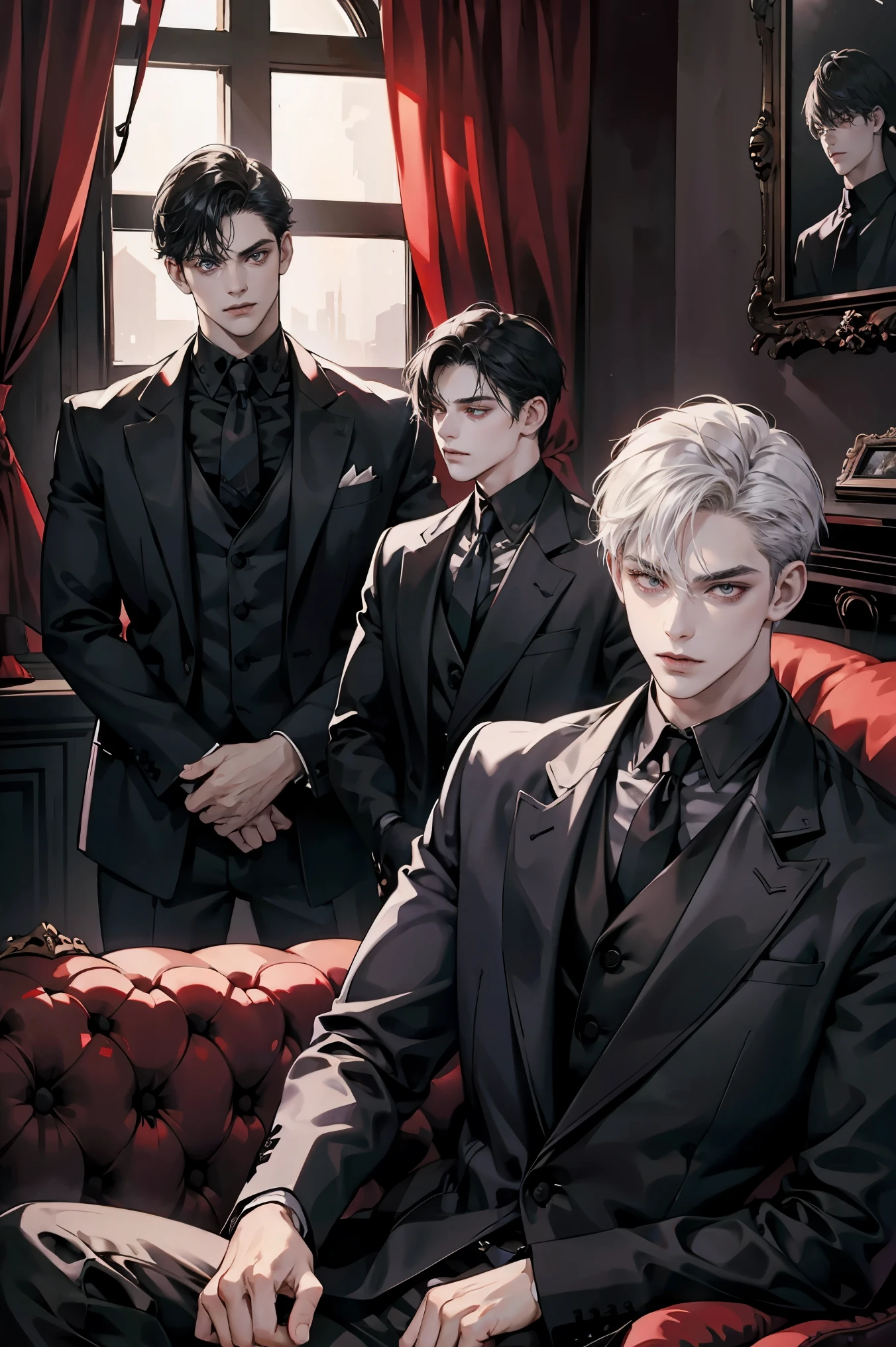 Friends, 3 boys, brothers, Goth clothing, goth style living room, vampire, sitting together, different hair color, red eyes, side by side, upper body, High quality, Best Quality, portrait, dramatic shadows, dramatic compositions, Cinematic lighting, night light