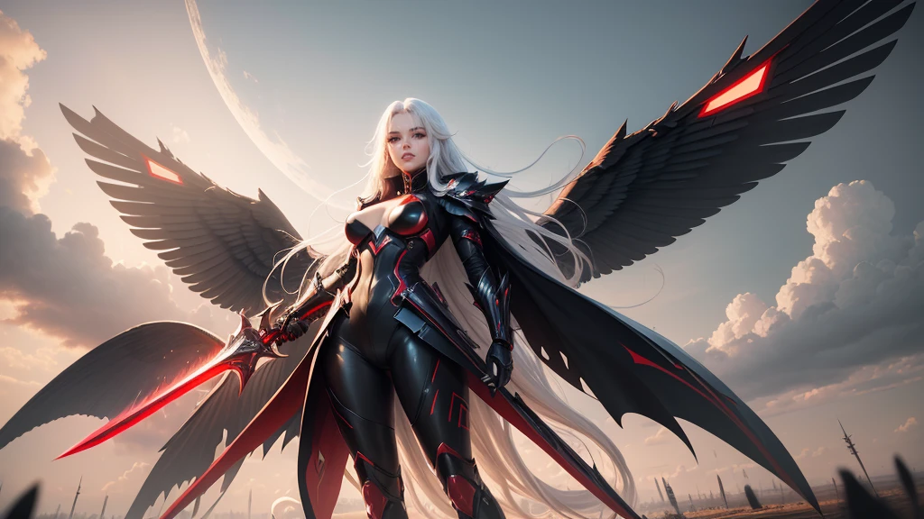 Full body portrait, pantyhose, beautiful shining face, sexy long lady, red & black tech sexy armor, long white hair, tech big black wings, futuristic sword in both hands, battle position, battlefield background, clouds,