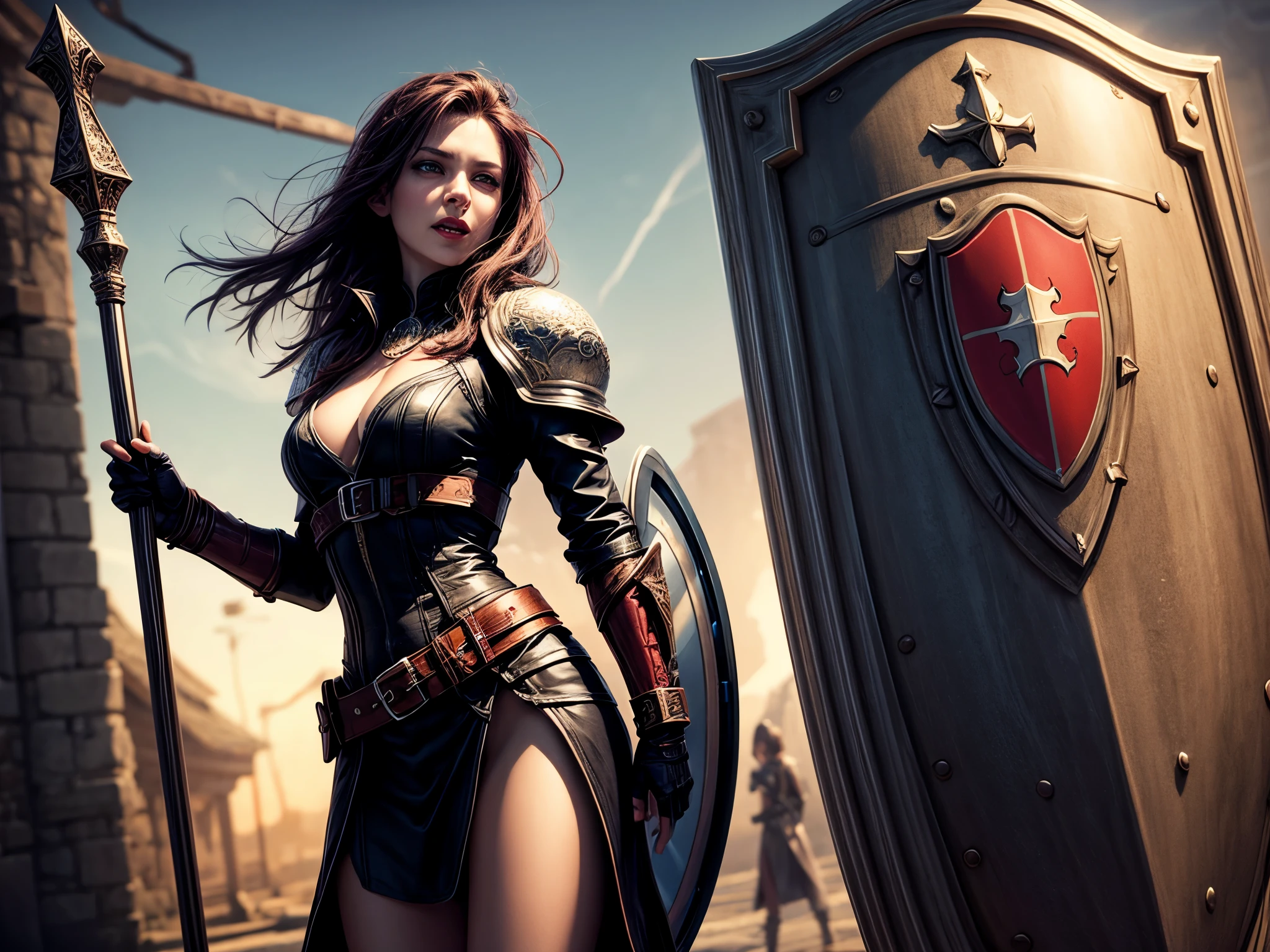 fantasy art, dnd art, RPG art, wide shot a picture of a (shield: 1.5) with an image engraved on the shield of a beautiful female vampire elf, blood dripping, vampiric fangs, with a long curvy hair, light color hair, blue eyes, high details, best quality, 16k, [ultra detailed], masterpiece, best quality, (extremely detailed), close up, photorealistic, RAW, fantasy art, dnd art, fantasy art, realistic art,