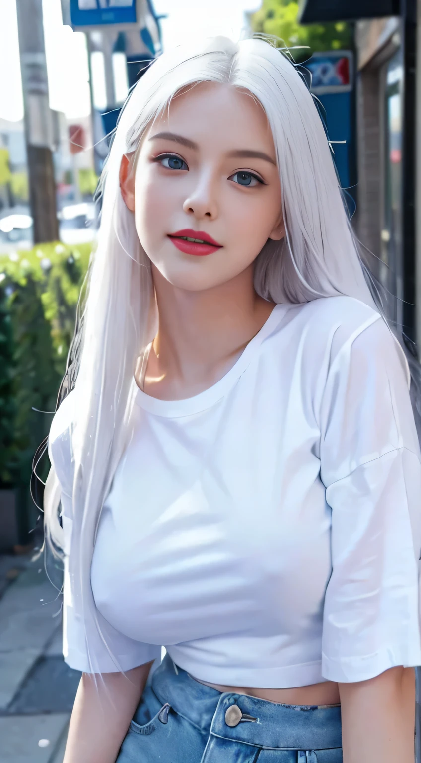 1 girl, (Wear a sexy white t-shirt and blue shorts),(big breasts)((role play)),(( long white hair)),white hair, (perfect face),(perfect fingers),(Perfect blue eyes),(red lips),(Perfect body),masterpiece,actual,Very detailed, high resolution, 8k, (Close-up camera view),looking at camera, smiling, Street and JK