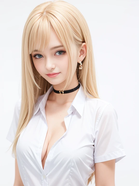 bust shot, , very beautiful Indonesian 16 year old beautiful girl, shiny dazzling glossy white skin, beautiful bangs, very long and straight silky beautiful platinum blonde, super long straight hair, eyeliner, beautiful shining clear big red eyes, ultra realistic, 1girl, breasts, solo, blonde_hair, kitagawa_marin, Giant breast, low claveage, show of half breast, underwear, shirt, long_hair, bra, choker, piercing, ear_piercing, white_shirt, cleavage, red_eyes, white_bra, jewelry, upper_body, white_background, black_choker, earrings, large_breasts, collarbone, simple_background, open_shirt, bangs, open_clothes, collared_shirt, closed_mouth, smile, short_sleeves, multicolored_hair, school_uniform, partially_unbuttoned