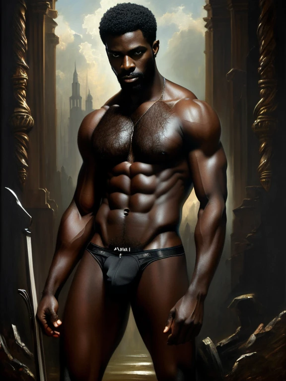 full body, oil Painting, portrait charismatic and ((one hairy black masculine cupid)), tall, slim, smooth muscle, ((big bulge, white briefs)), black male, man,  body hair:: ruins background, perfect eye chiaroscuro mood, oil painting, classic era, Bouguereau paintings art style, high resolution, high quality, Soft impressive impasto, perfect composition, edge lighting, intricate, oil on canvas, masterpiece, ominous, matte painting movie poster