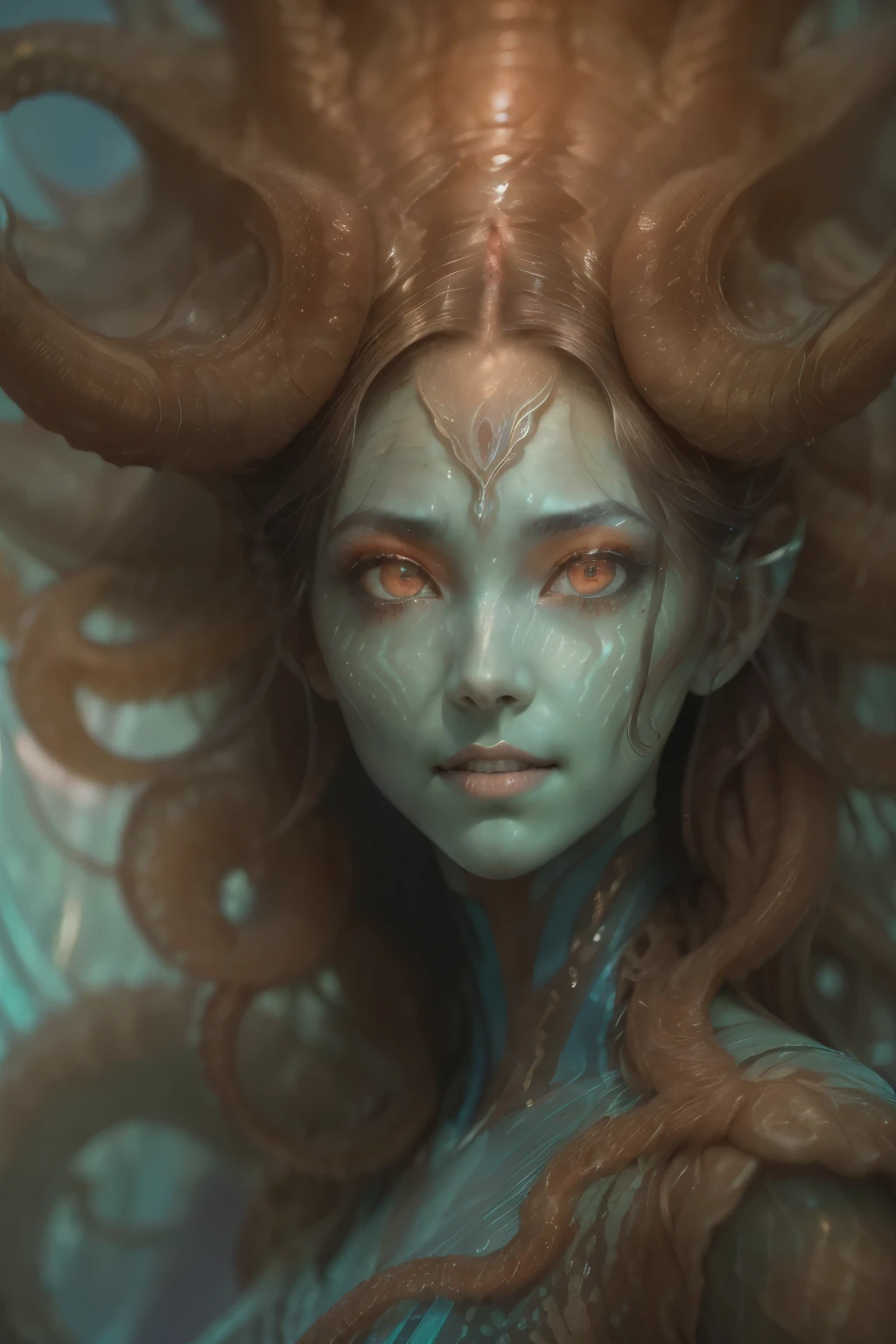 Portrait, (beautiful female alien:1.2), (she has red eyes with no pupils:1.8), (Translucent skin:1.7), (There is a female genital-like organ in the middle of the forehead.:1.9), (The most beautiful face in the history of the universe:1.2),an evil gaze that seduces, (large mouth:1.1), (sharp teeth like a vampire:1.2), Full body like, (bio luminescent:1.5), (Smile wickedly:1.3), (sexypose:1.5), alien, No humans, cells are fused, (Lots of translucent tentacles:1.3) extraterrestrial, cell, bio image, Best Quality, 8K,4K_quality, High Definition, Dramatic Lighting, masutepiece:1.5,cinematic quality, detail up, (Intricate details:1.2), High resolution, High Definition, drawing faithfully, (Thick eyebrows:1.2), Beautiful eyes with fine symmetry,(Highly detailed face and eyes:1.2), Intimate face, (Super detailed skin quality feeling:1.4), Perfect Anatomy, (Beautiful toned body:1.5), (Moist skin:1.2), No makeup, (dark circles:1.1), long canines, cinematic drawing of characters, ultra high quality model, cinematic quality, detail up, (Intricate details:1.2), High resolution, High Definition, drawing faithfully, Official art, Unity 8K wall , 8K Portrait, Best Quality, Very High resolution, ultra detailed artistic photography, midnight aura, unreal enginee 5, Ultra Sharp Focus, art by alberto seveso, ArtGerm, Roisch, intricate artwork, best quality, masutepiece, ultra High resolution, (photos realistic:1.4), Ultra-realistic realism, dream-like, nautilus, Creation of fantasy, Snail, Dream Snail, biopunk nautilus, Thrilling color schemes, Ultra-realistic realism, seductively smiling, Blue tentacles,