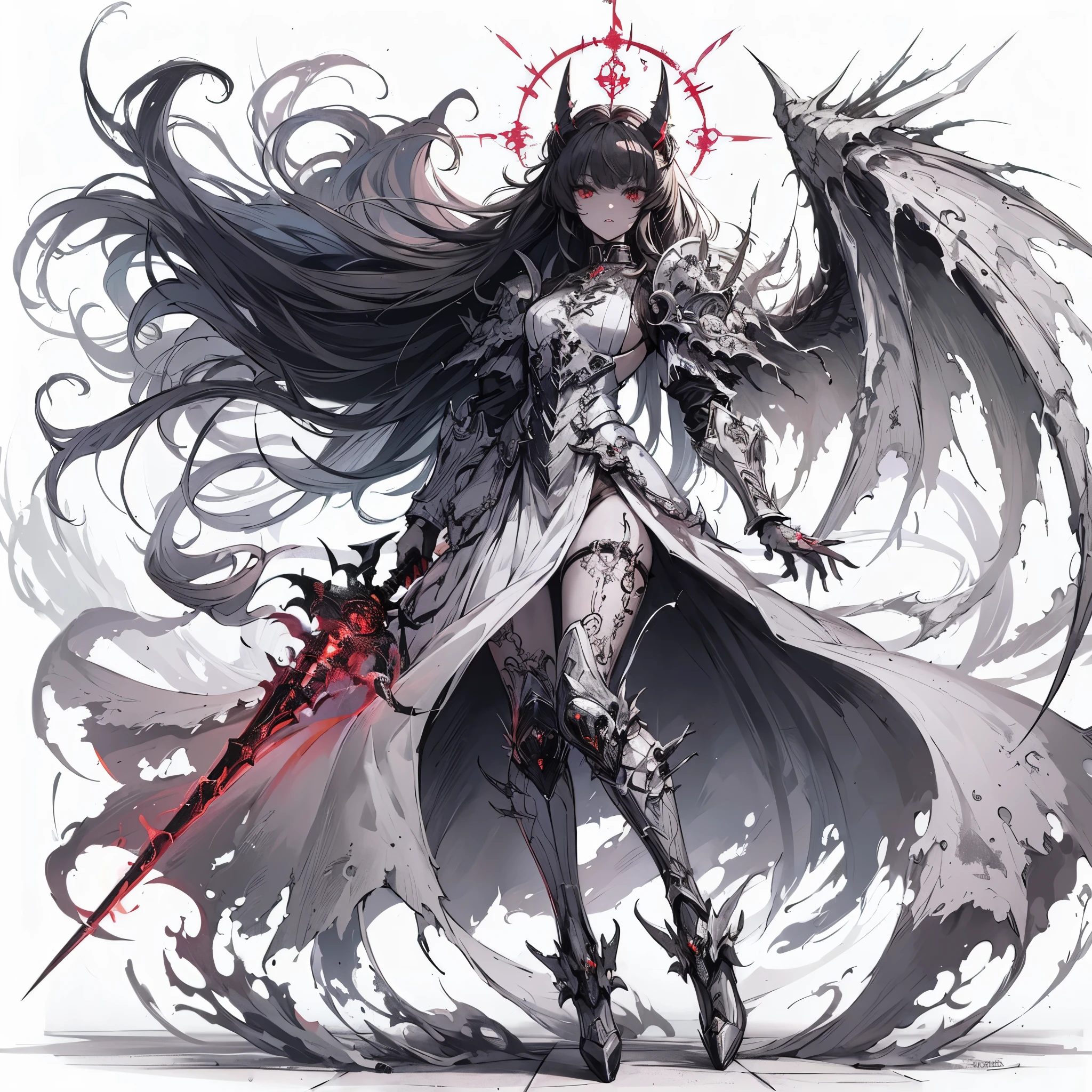 Masterpiece, best quality, ultra-detailed, anime style, full body of Ghostly daemon primark girl, bloodthirsty, dingy white power armor with scimitar, black topknot hair, high-heeled boots, Warhammer 40K, supernatural Lightning and flame, ((red Lightning symbol)), 8k high resolution, trending art station, white background, whole body,
