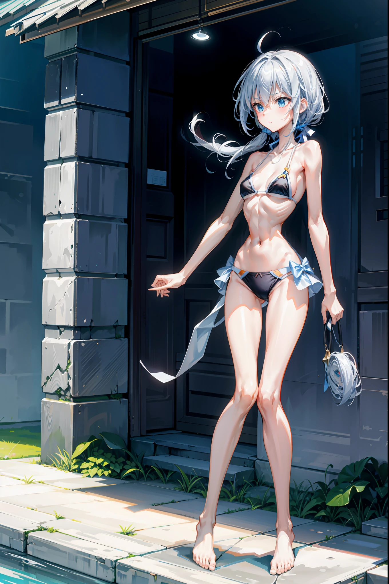 ph elaina, Eoutfit1, elaina (majo no tabitabi),the Extremely Detailed CG Unity 8K Wallpapers,Evening glow,most beautiful artwork in the world,(best quality:1.2),(ultra-detailed:1.2),(hyper-realistic:1.1),(masterpiece:1.2), glowing skin,(Extremely thin and slender:1.3),(Extremely slender and thin legs:1.3),(extremely prominent ribs:1.2),(极其明显的髋骨:1.2)well-defined bones and contours,sharp focus,HighestQuali,hyper HD,white kneesocks,(extremely skinny:1.2),micro bikini,中近距离,kneeling,(extremely boney:1.15),(extremely slim:1.3),注视镜头