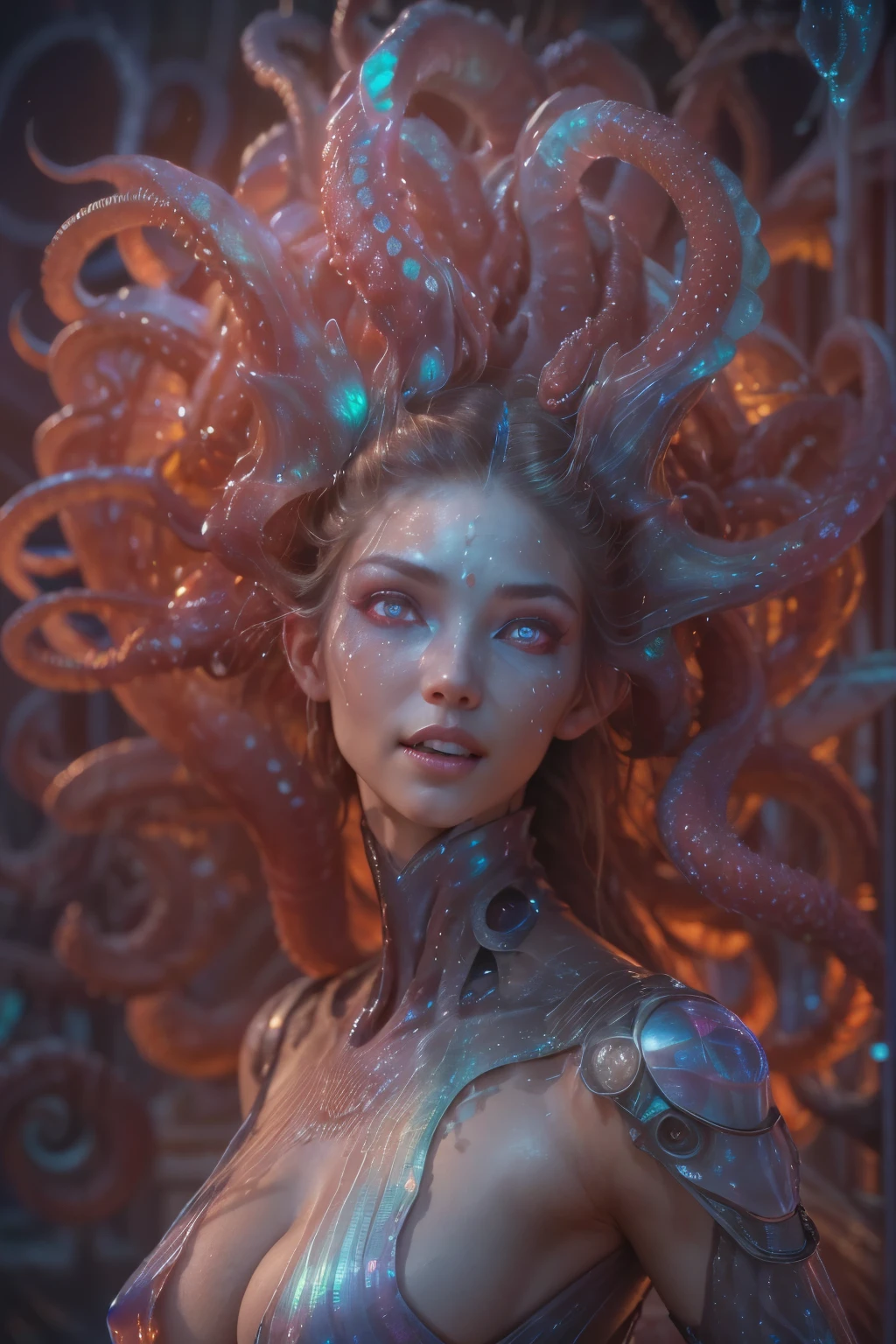(1 beautiful and obscene female alien:1.4), (There is a female genital-like organ in the middle of her forehead:1.95), SHe has medusa-like hair, (there are lots of translucent tentacles from her head like her hair:1.8), (vulgarity1.7), (she is looking at viewers with glowing red eyes with no pupils:1.8), (She has translucent pale skin:1.7),(She has the most beautiful face in the history of the universe:1.2), (She has multiple bioluminescent organs on the side of her tentacles:1.4), (Her body is covered with an iridescent exoskeleton:1.6), (She is showing her arm pits:1.4), an evil gaze that seduces, (large mouth:1.1), (sharp teeth like a vampire:1.2), Full body portrait, (bio luminescent:1.5), (Smile wickedly:1.3), (sexypose:1.5), alien, No humans, cells are fused, extraterrestrial, cell, bio image, masterpiece, ultra high resolution, (photos realistic:1.7), scary and sexy detailed art in color, best quality, 8K,In 4K_quality, High freshness, Dramatic Lighting, cinematic quality, (exquisite details:1.2), High freshness, drawing faithfully, (Thick eyebrows:1.2), Beautiful eyes with fine symmetry,(Highly detailed face and eyes:1.2),(Super detailed skin quality feeling:1.4), perfect anatomy, (Beautiful toned body:1.5), (Moist skin:1.2), not wearing makeup, (dark circles:1.1), long canines, cinematic drawing of characters, cinematic quality, (exquisite details:1.2), high resolution, High freshness, drawing faithfully, official art, Unity 8K Wall paper, ultra detailed artistic photography, midnight aura, unreal engine 5, Ultra Sharp Focus, art by Amano Yoshitaka, ArtGerm, Roisch, intricate artwork,ultra realistic realism, dream-like, Creation of fantasy, dream Snail, (biopunk nautilus:1.3),Thrilling color schemes, seductively smiling, Amazing mutation, well-proportioned body, goddess of the deep sea, fractal, Geometric pattern, impossible figures,(asymmetry:1.4), (white tentacles with blue stripes:1.4), subtle emerald green accents, (expression of ecstasy:1.6)