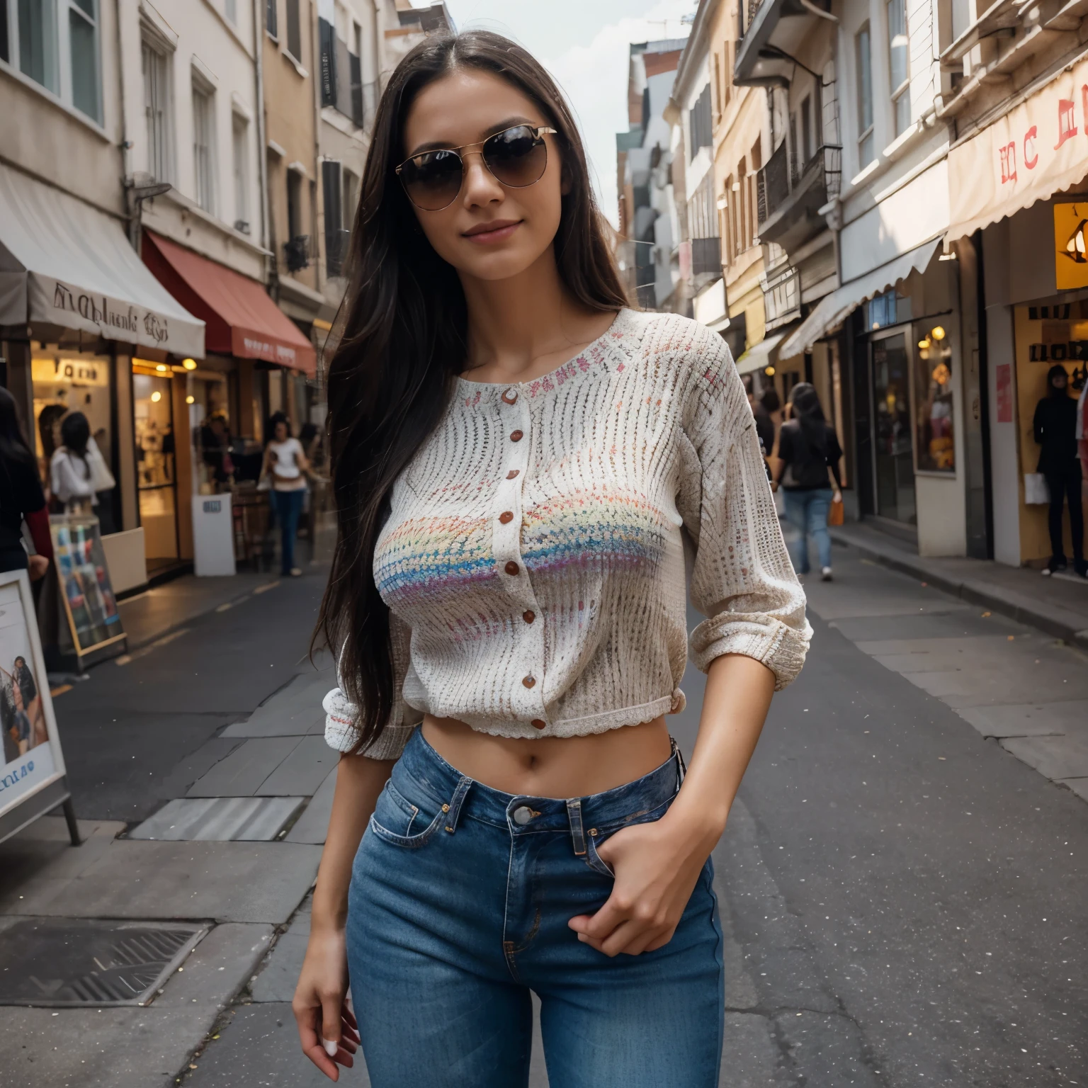 One woman of about 20 years old, black long hair, body measurement 36-25-36, height 5'7", medium breasts, Hazel eyes, wearing sunglasses, wearing jeans and colourful shirt,happy face, shopping, Full Body full height Shooting, Masterpiece, mobile Photography, daylight, 8k, Top Quality, Fine Pore, Photorealistic, Ultra Detailed, (high skin detail:1.2),Extremely detailed,Intricate, sharp-focus, candid capture