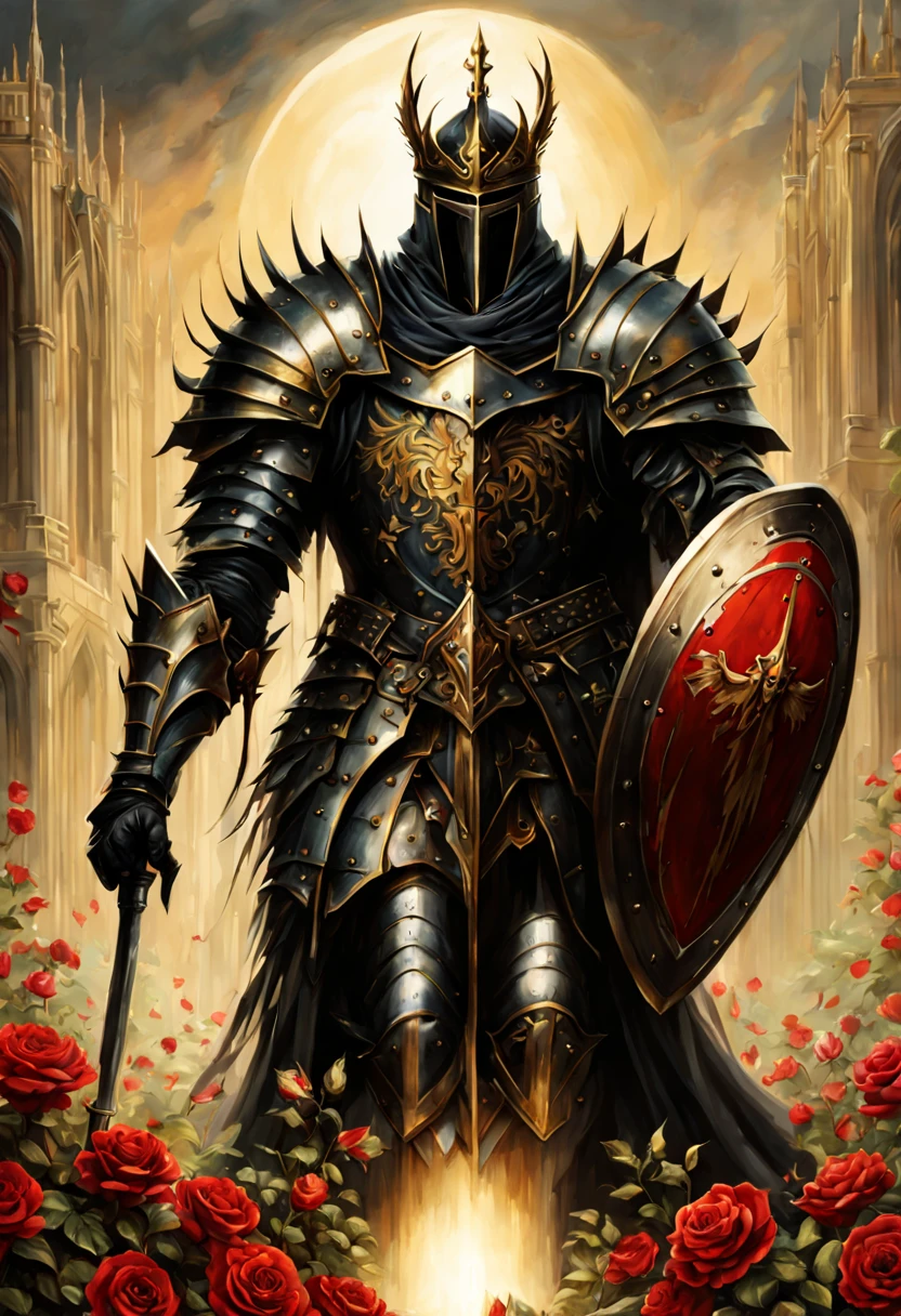 full length wide angle view Glorious Glorious Brigh Monarch King Knight wuth a (Shield:1.5) in a highly detailed Heavy black Knight armor guilded with gold,silver in a High holding a Gold and black and Crimson (Shield:1.5) ; gothic castle background; photorealistic, insanely detailed, meticulous, awe inspiring, magnificent, concept art, dark fantasy, gothic; Anne Stokes, Anna Dittman, Greg Rutowski, Josephine Wal High Gothic Dark Fantasy DarkSouls EldenRings Enchanted:Gothic : watercolor Glorious Brigh Monarch King Knight with a Long warm cloak holding a Long enchanted round (Shield:1.5) in a highly detailed Heavy black Knight armor guilded with gold,silver in a field of Colorfull Roses under an Eclipse ::| hyperdetailed: maximalist ::| Stunning masterpiece::| Jonas De Ro: russ mills, white roses and Blood red Roses under a warm Autumnal Morning Sunlight, Mark Brooks and Dan Mumford, comic book art, perfect, smooth, in Gouache Style, Watercolor, Museum Epic Impressionist Maximalist Masterpiece, Thick Brush Strokes, Impasto Gouache, thick layers of gouache watercolors textured on Canvas, 8k Resolution, Matte Painting