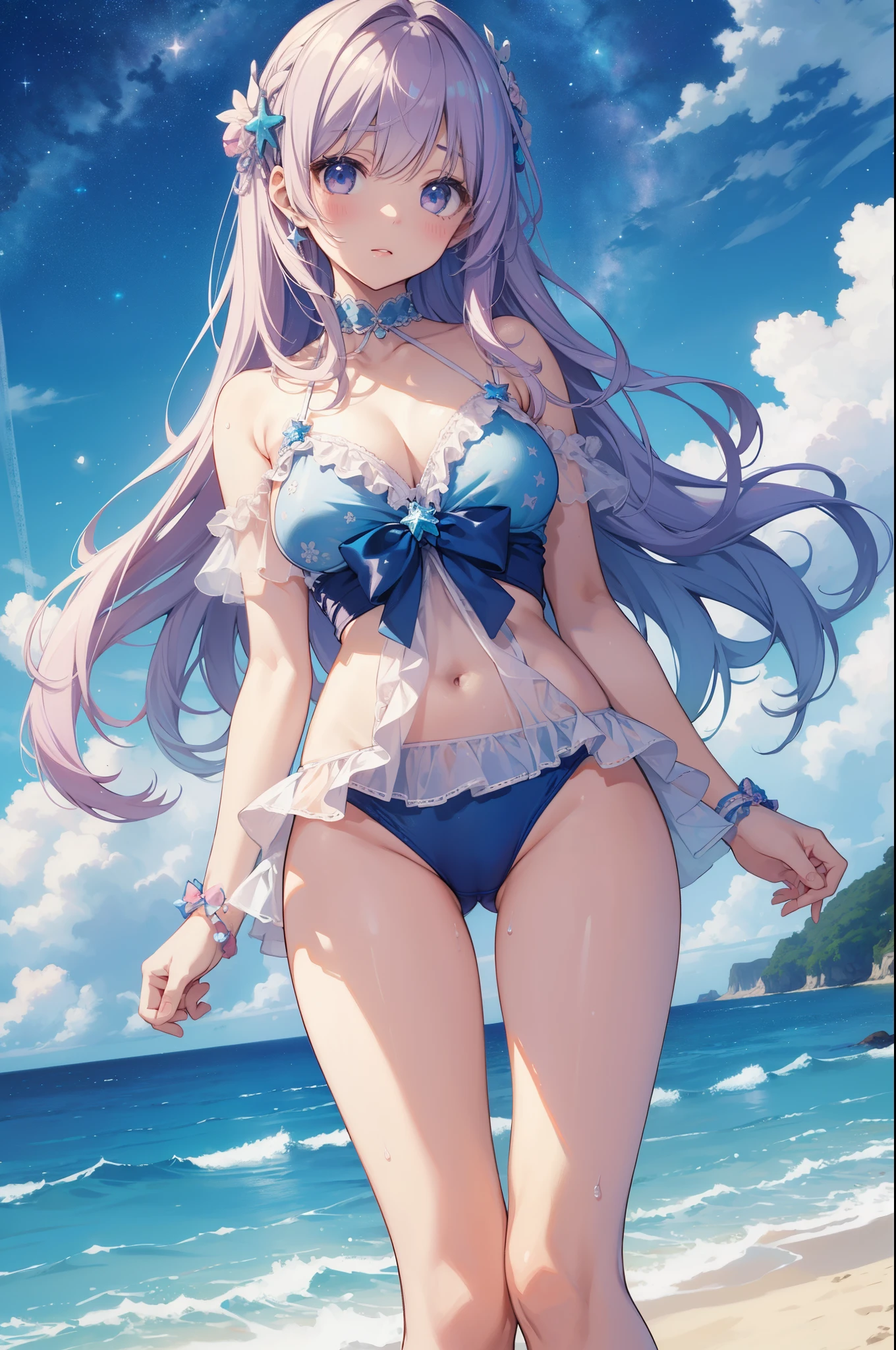 (masterpiece)、(highest quality)、((Super detailed))、(super delicate)、Cute naughty swimsuit idol、Pastel colors hair、beautiful breasts、Thighs、Gorgeous、Fantastic starry sky、beautiful sea、Wet and see-through