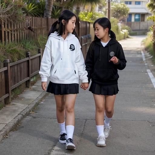 Asian girl in a school uniform with a short skirt, short white socks and black shoes on a path near the beach holding hands with her younger sister in the same and showing the face of an older man with a hoodie observing