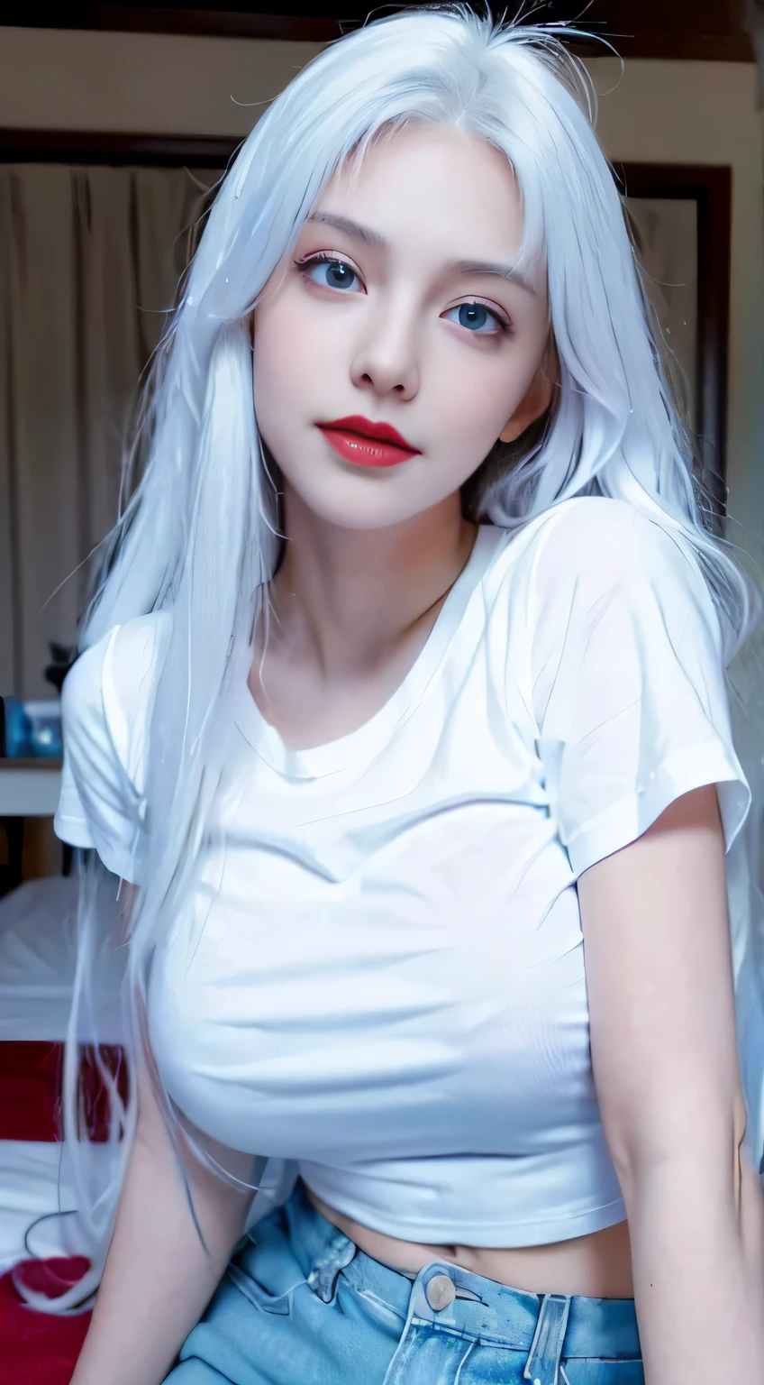 1 girl, (Wear a sexy white t-shirt and blue shorts),(big breasts)((role play)),(( long white hair)),white hair, (perfect face),(perfect fingers),(Perfect blue eyes),(red lips),(Perfect body),masterpiece,actual,Very detailed, high resolution, 8k, (Close-up camera view),looking at camera, smiling, Seaside resort，at home