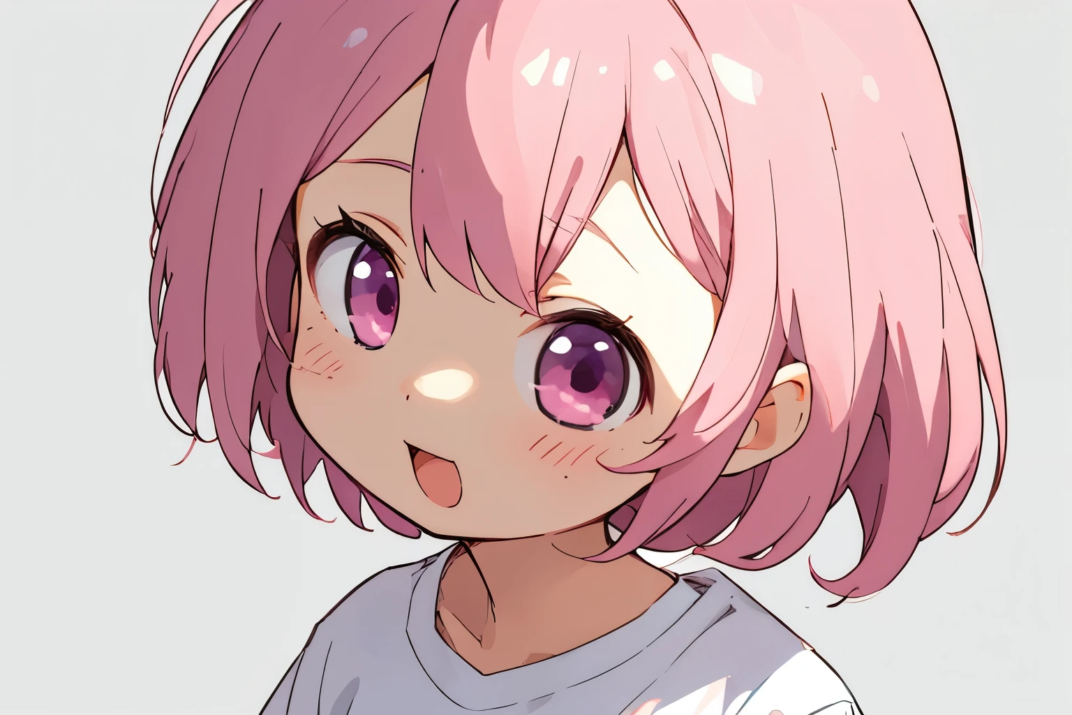 masterpiece, highest quality, super detailed, disorganized, 1 girl, pink eyes, pink hair, short hair, fine eyes, I opened my eyes, eyelash, looking at the viewer, Face-to-face audience, Upper body, white background, Reference Sheet, Performance, simple background, (Ahoge:0.8), Little, (:3, :d:0.6), Happy, variation, blush, (closed mouth:0.5), white t-shirt, sad