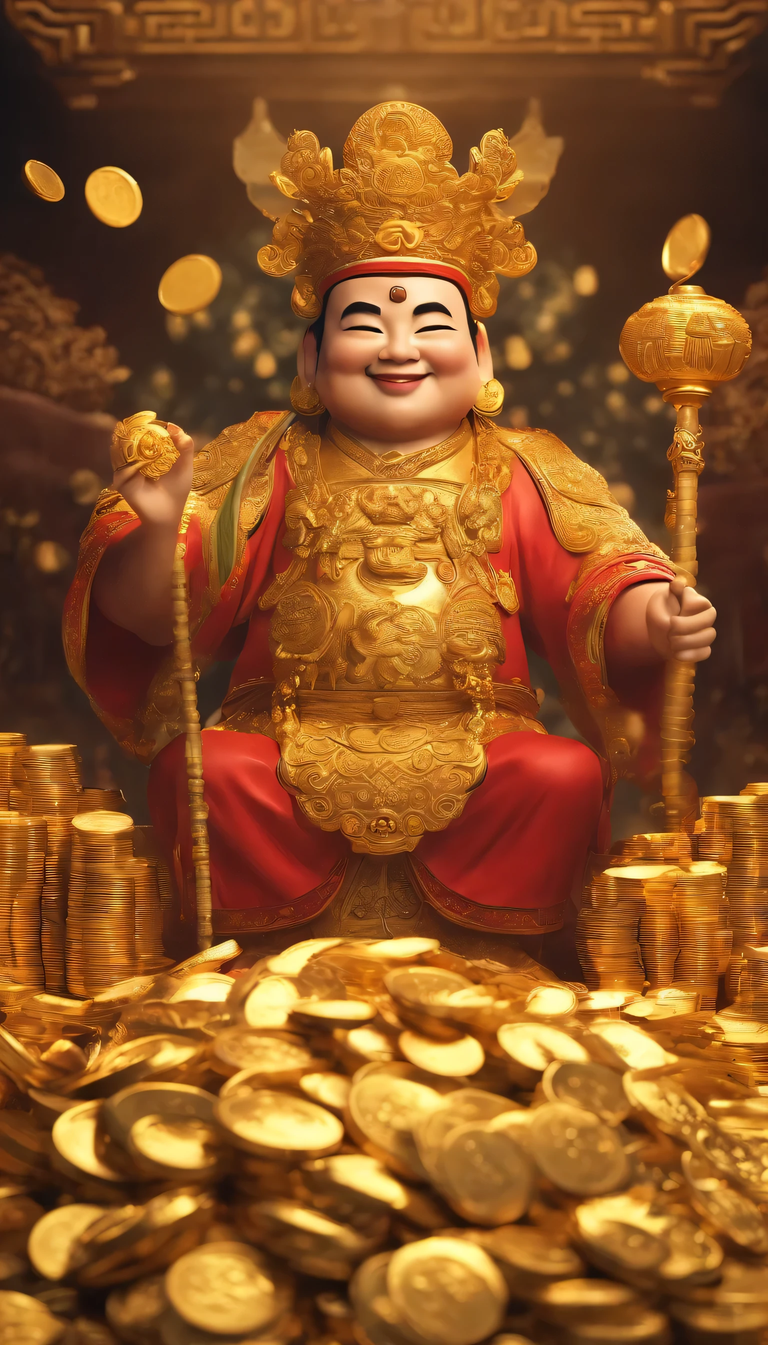 smile charity，The Chinese God of Wealth holds a pile of gold coins in his arms，The screen is full of gold coins