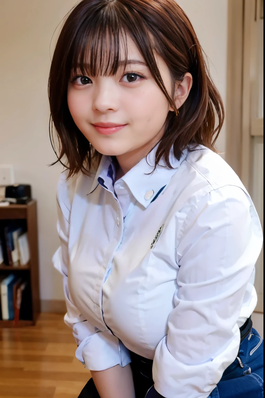 (Highest quality,masterpiece:1.3,Ultra-high resolution),(Very detailed,Caustics,8K),(Realistic:1.4,RAW shooting),1 Girl,(Smiling and looking at the camera),20-year-old,cute,Japanese,Short black hair,Medium Hair,long hair,Long sleeve blouse,big ,Bust up shot,office,officeレディー,Face Focus,sunlight,Natural light,(Backlight),(A bright light shines from behind),(Lens flare),Professional Writing,(Low position:1.1),(Low Angle:1.1)