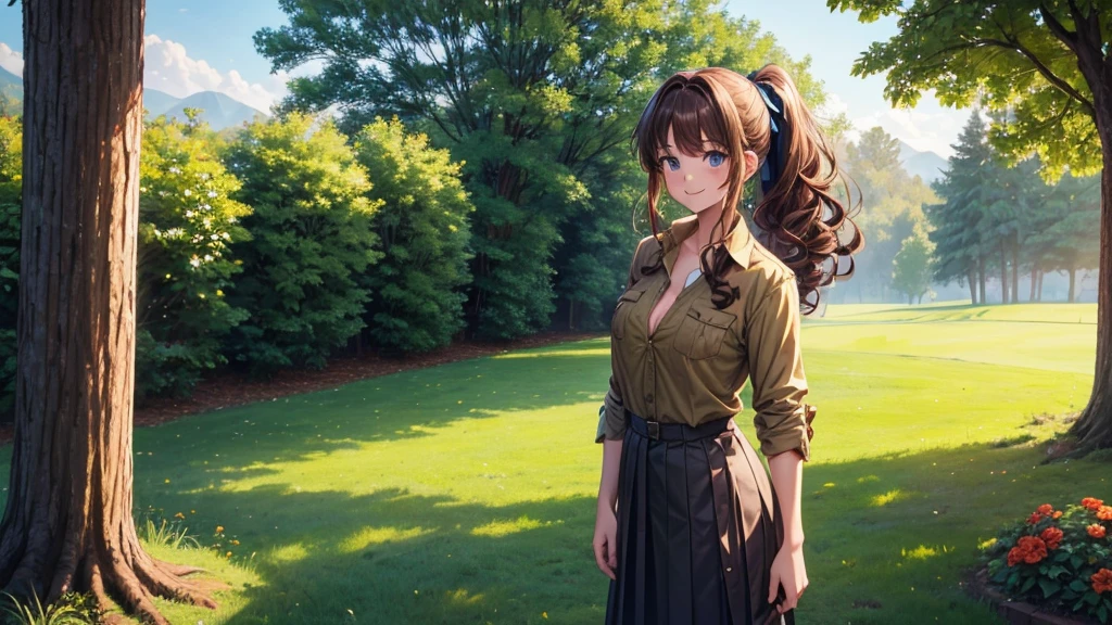 1girl, full body, solo, flowers, trees, brown hair, curly hair, long hair, ponytail, large breasts, button down shirt, ((brown green shirt)), ((unbuttoned shirt)), ((short sleeved shirt)), blue eyes, skirt, smile, looking at the viewer, ((standing)), hair ribbon