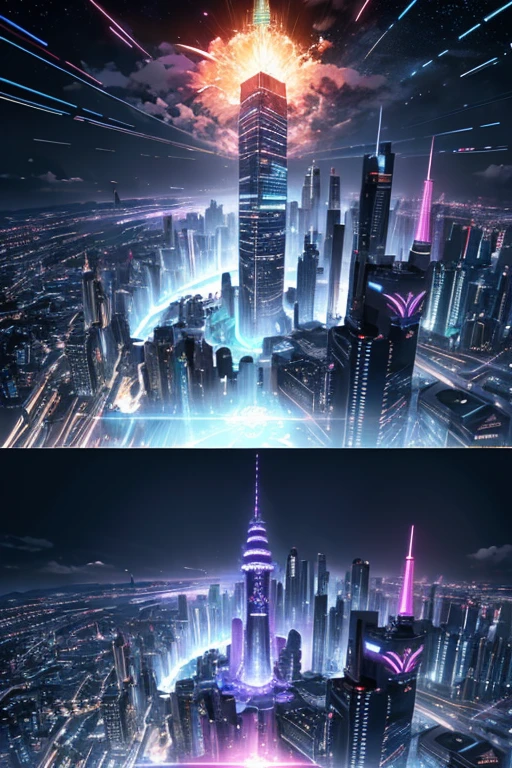 (A captivating night scene of) a futuristic city, (illuminated by) neon lights and (shimmering) holographic displays, (captured in high definition and high resolution) photography, with a resolution of 1024 x 768 pixels and up to 12K, (revealing the intricate details of the architectural wonders and advanced technologies).
Sleek buildings, towering structures, and dazzling lasers, all delicately balanced in the (Stunning) composition of this (masterpiece), reflecting the vibrant energy and innovation of this (scintillating) urban landscape. (Observe the intr