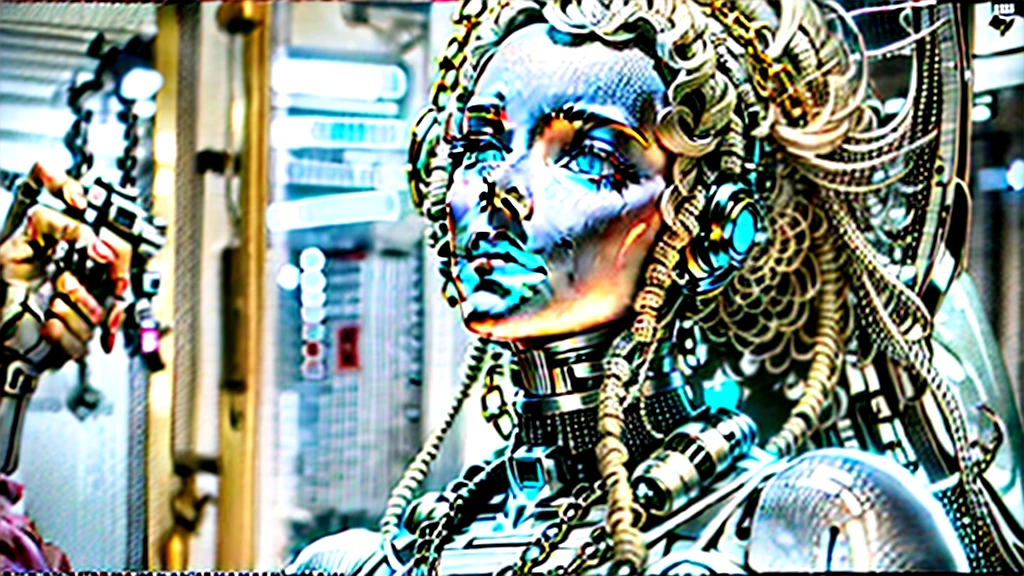 there is a white mannequin with a head and a chain around it, movie still of a cyborg, ”beautiful anime woman", cgsociety, benevolent android necromancer, lossless, by Arthur Webster Emerson, movie screencap, sleek robot, highly detailed closeup, dvd screencapture, gloss --ar 16:9  