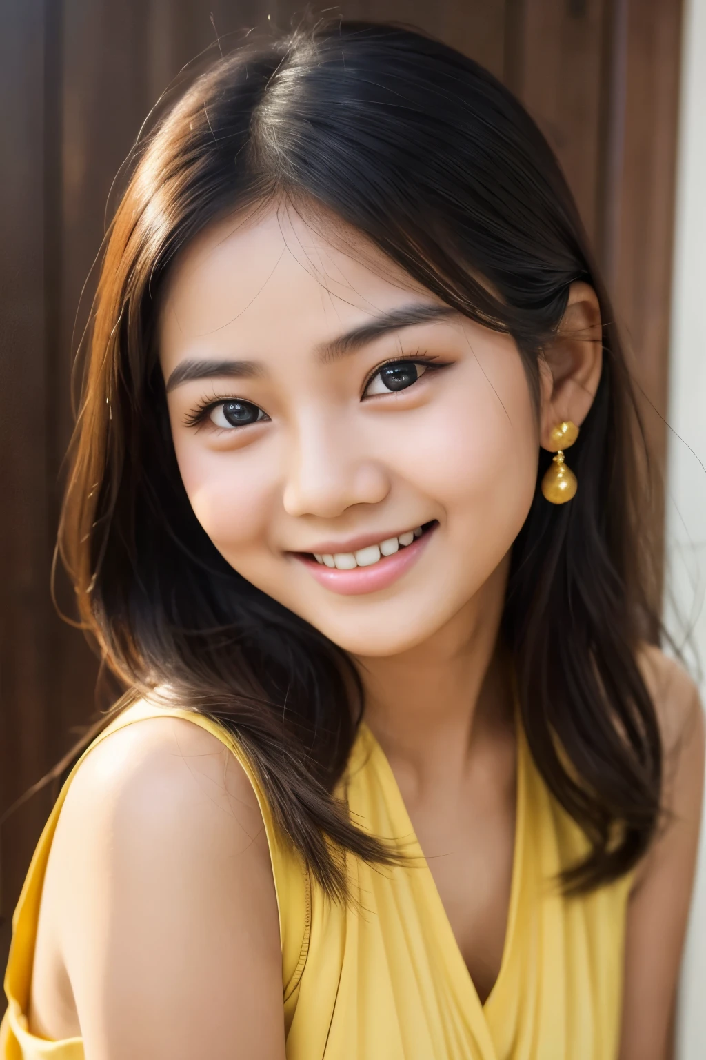 Burmese girl ,face has Thanakha between cheeks, golden skin ,beauty、best quality,photorealistichigh-resolution,cute woman,beautiful detailed eyes,beautiful detailed lips,smiling,laughing,cute type,enjoy,Joyful smile,magic moment,looking at the camera、Delicate system、happy look、dimples that stand out