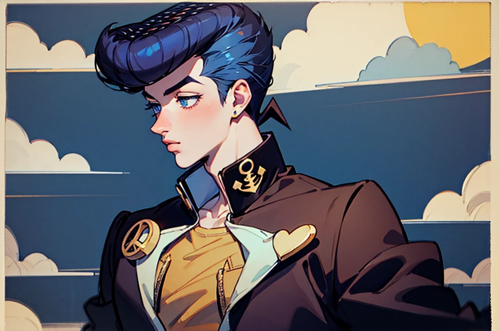 ((Masterpiece:1.34)),((wallpaper 8k)),((high res-4k:1.2)) arte digital, renderizado 2d, jojo's bizarre adventure, chareter josuke higashikata,((Josukejojo)),((1man)),((1boy)),((solo)), pompadour haircut, sejas prominentes,ojos color azul, uniforme escolar japones, gakuram, ropa color violeta oscuro, apariencia varonil,, digital art,fan art, Pixiv art fanarts,,Better Portrait Lighting, fondo cielo azul, solamente, cielo despejado, paisaje solamente, fondo paisaje de un cielo azul, nubes blancas, campo de flores amarillas,